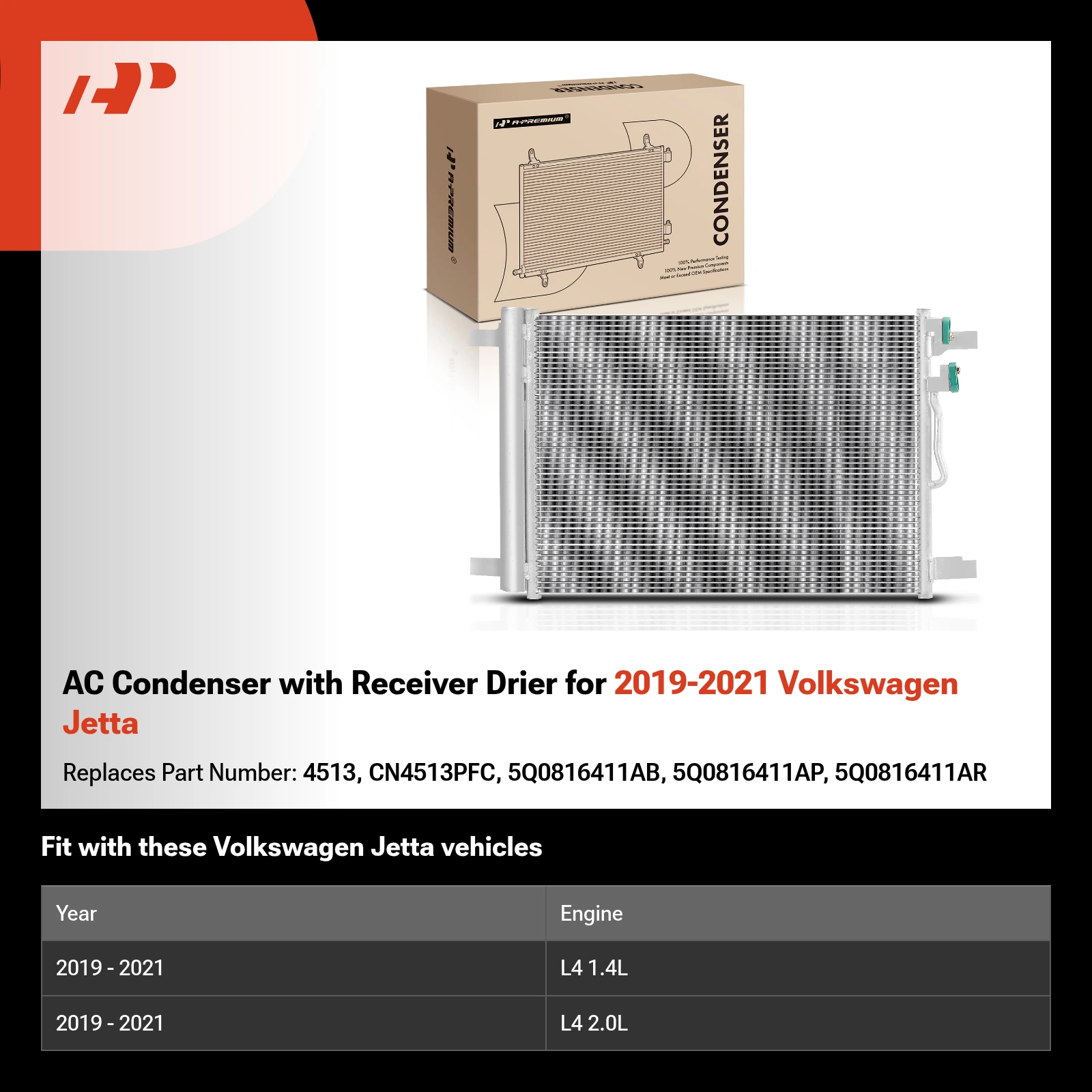 AC Condenser with Receiver Drier for 2019-2021 Volkswagen Jetta
