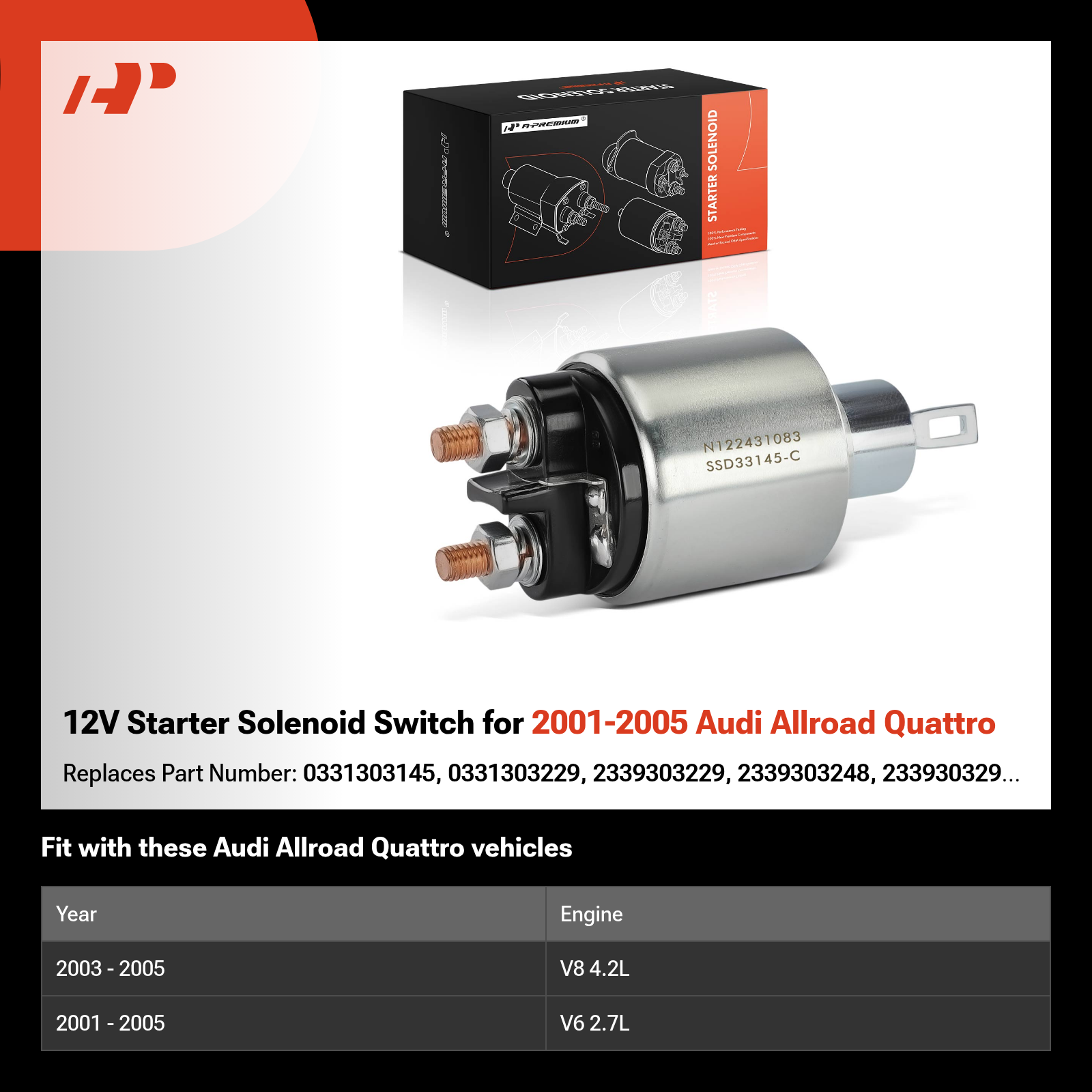 12V Starter Solenoid Switch for 2001-2005 Audi Allroad Quattro