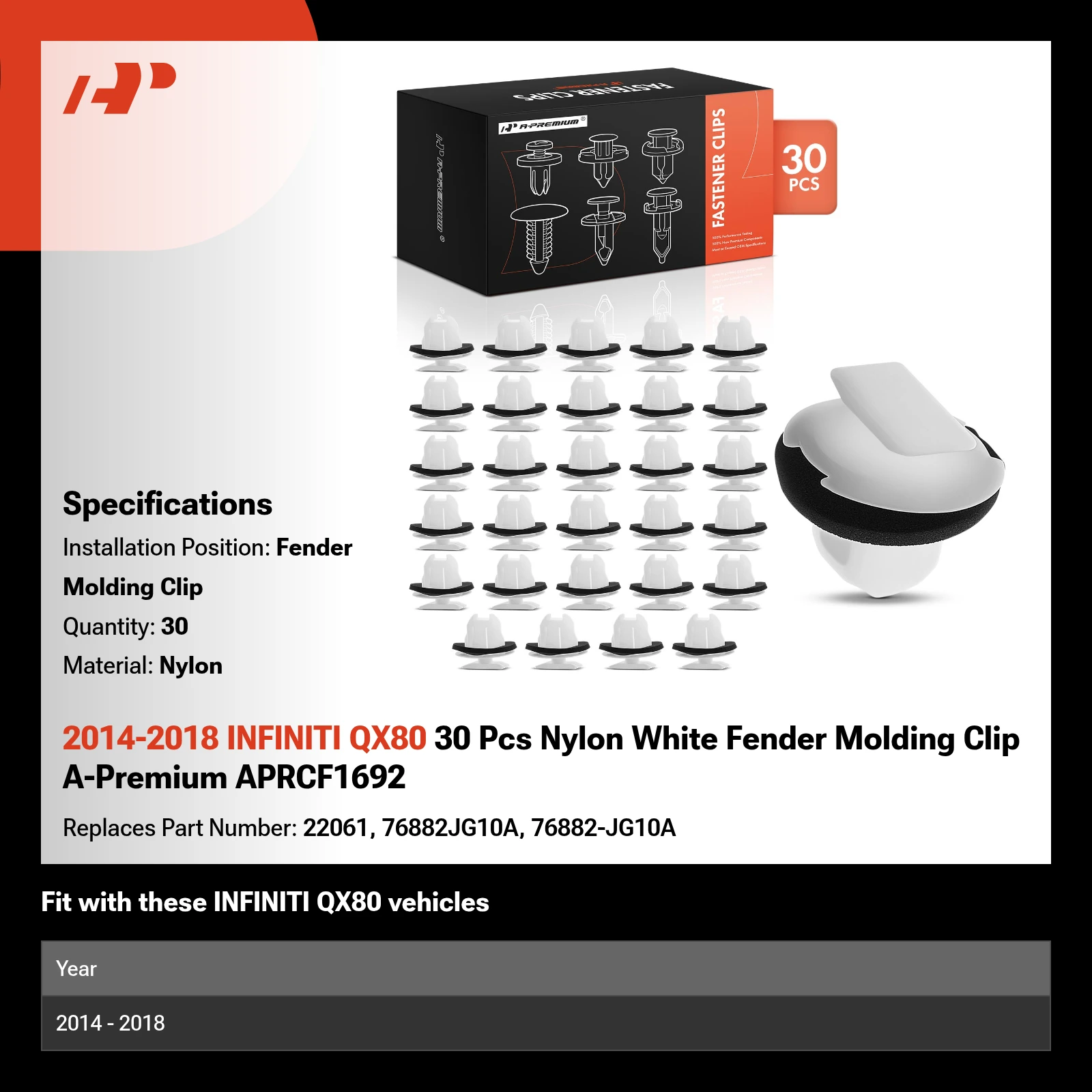 2014-2018 INFINITI QX80 30 Pcs Nylon White Fender Molding Clip A-Premium APRCF1692