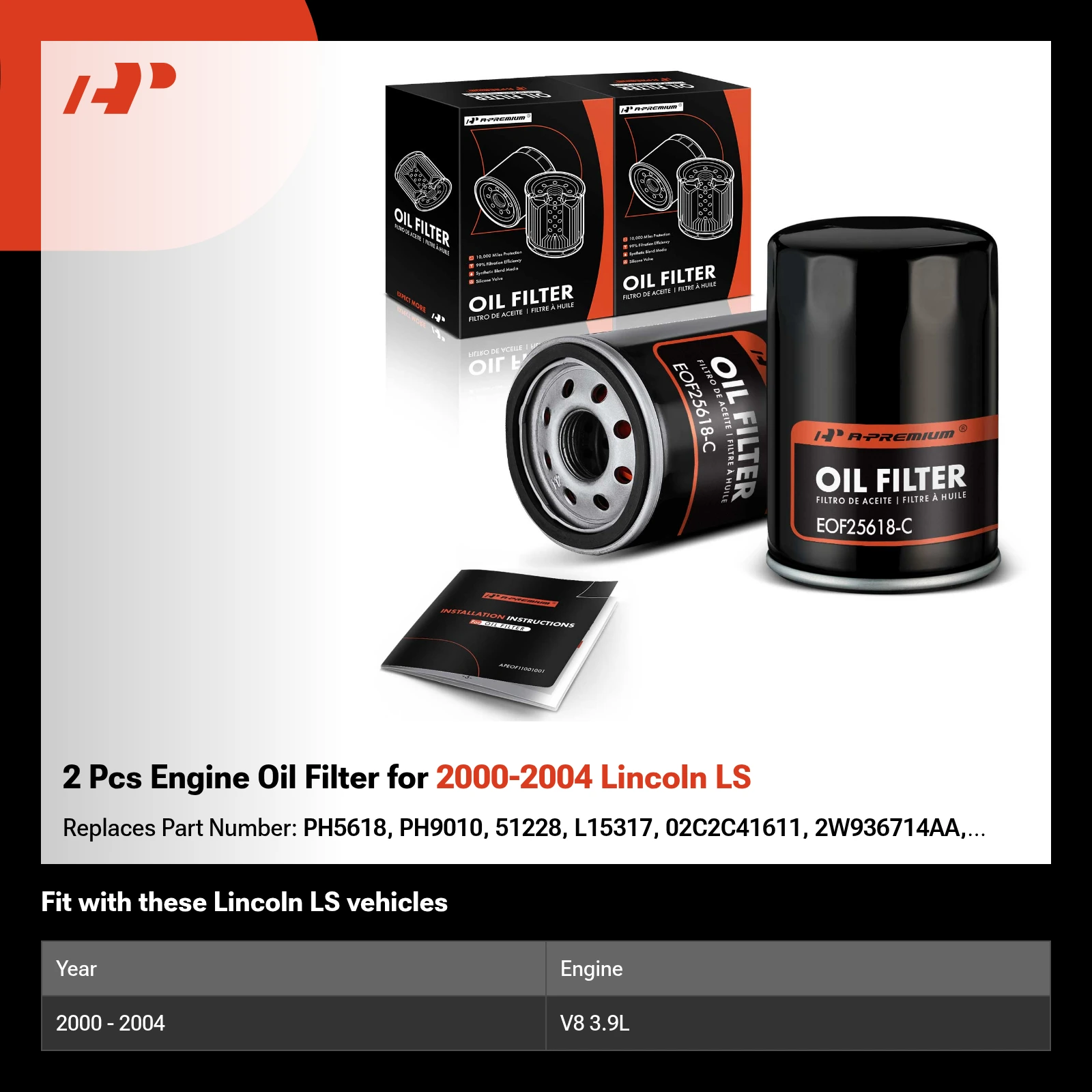 2 Pcs Engine Oil Filter for 2000-2004 Lincoln LS