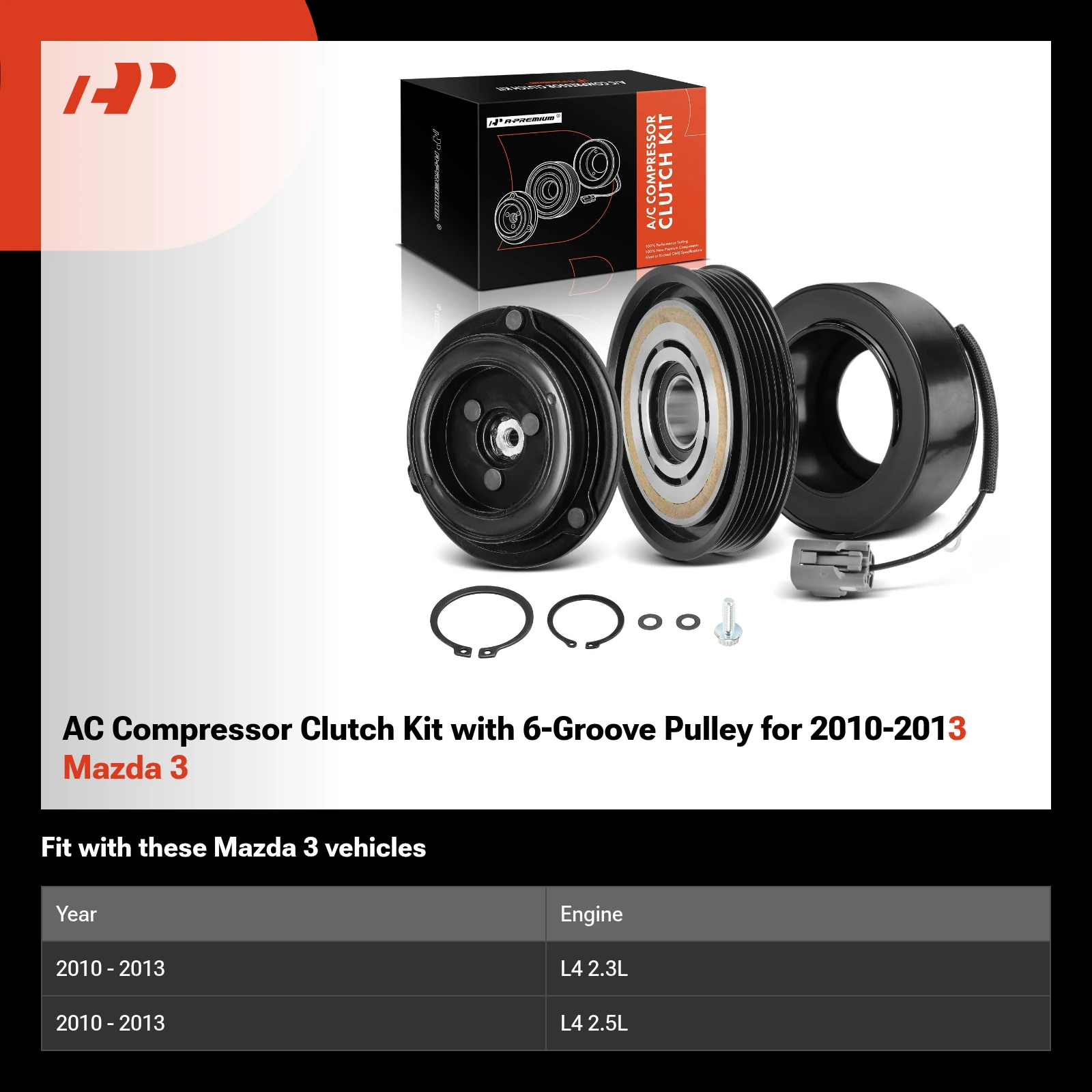 AC Compressor Clutch Kit with 6-Groove Pulley for 2010-2013 Mazda 3
