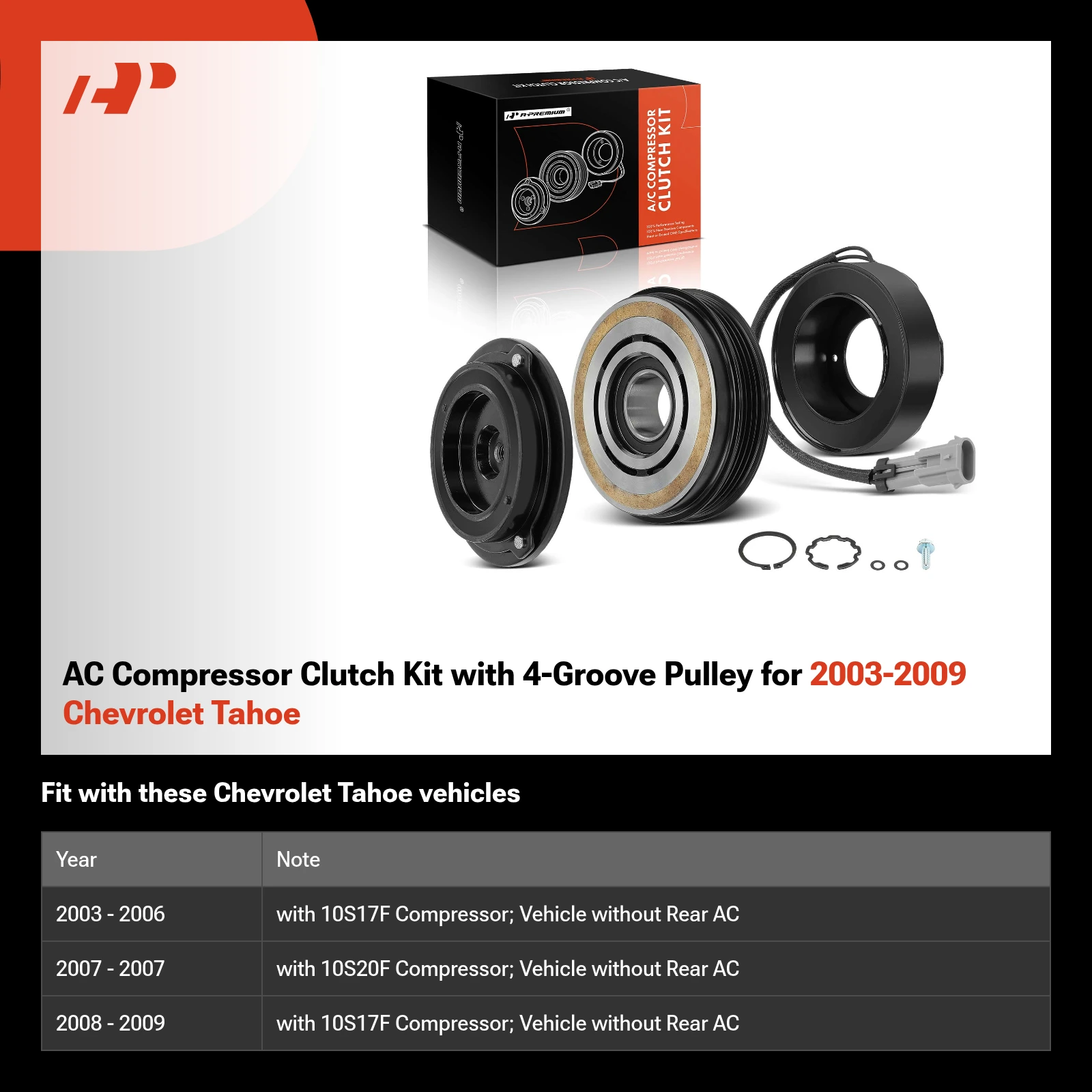 AC Compressor Clutch Kit with 4-Groove Pulley for 2003-2009 Chevrolet Tahoe