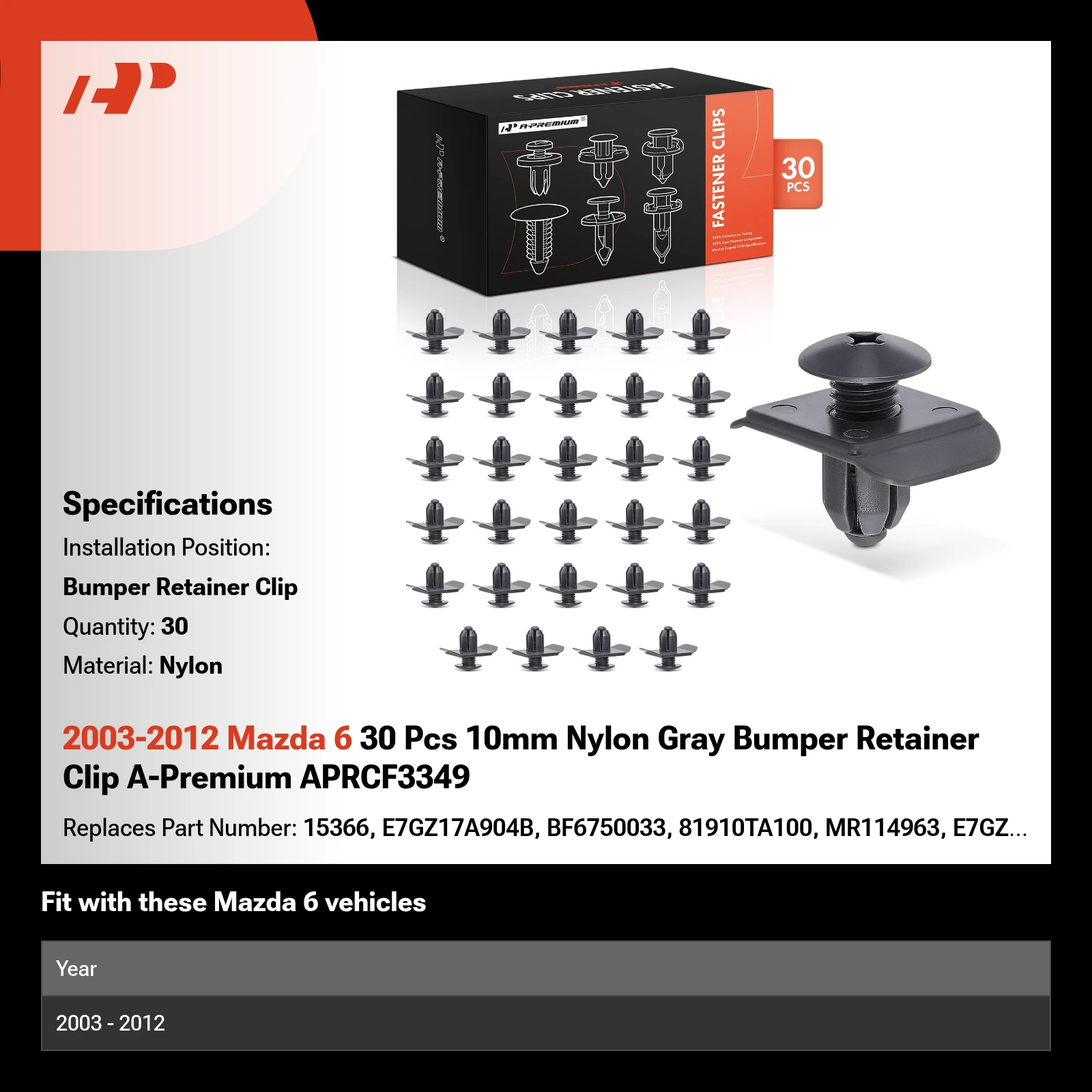 2003-2012 Mazda 6 30 Pcs 10mm Nylon Gray Bumper Retainer Clip A-Premium APRCF3349