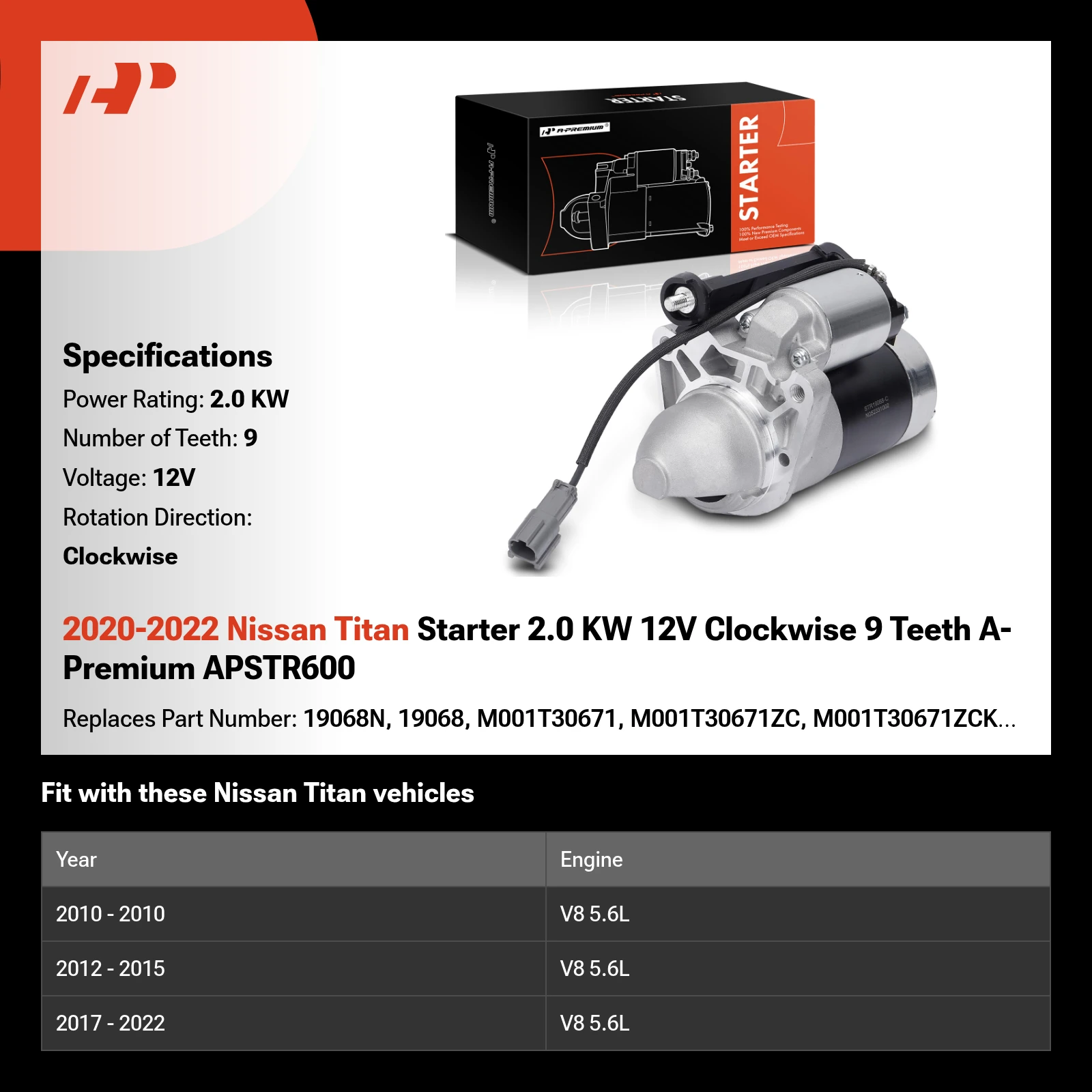 2020-2022 Nissan Titan Starter 2.0 KW 12V Clockwise 9 Teeth A-Premium APSTR600
