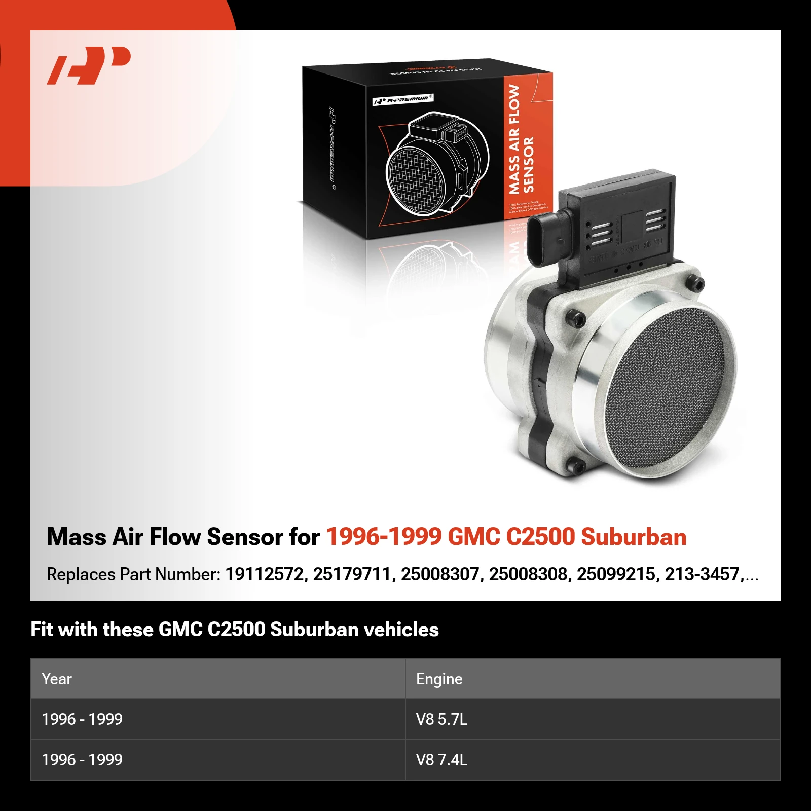 Mass Air Flow Sensor for 1996-1999 GMC C2500 Suburban