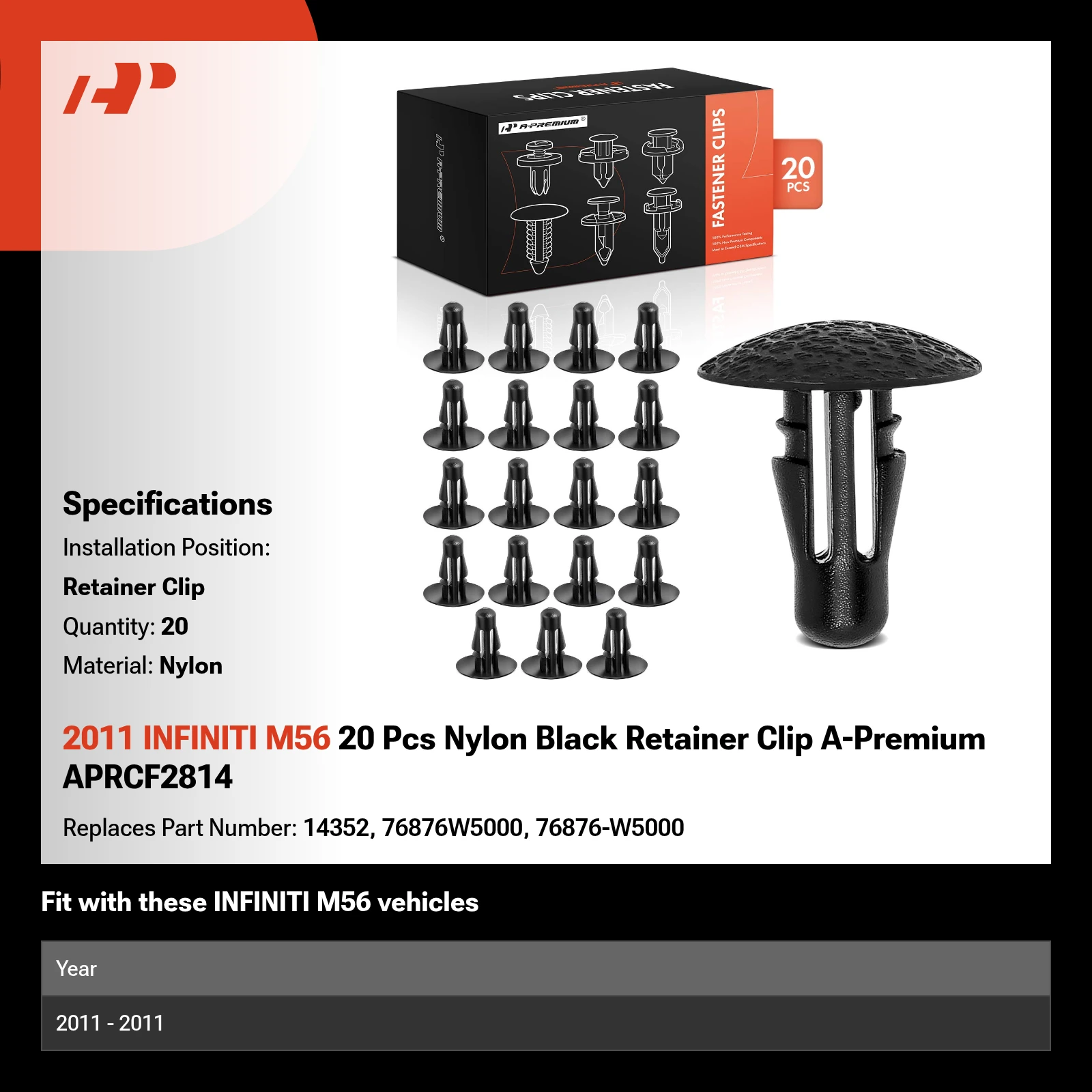 2011 INFINITI M56 20 Pcs Nylon Black Retainer Clip A-Premium APRCF2814