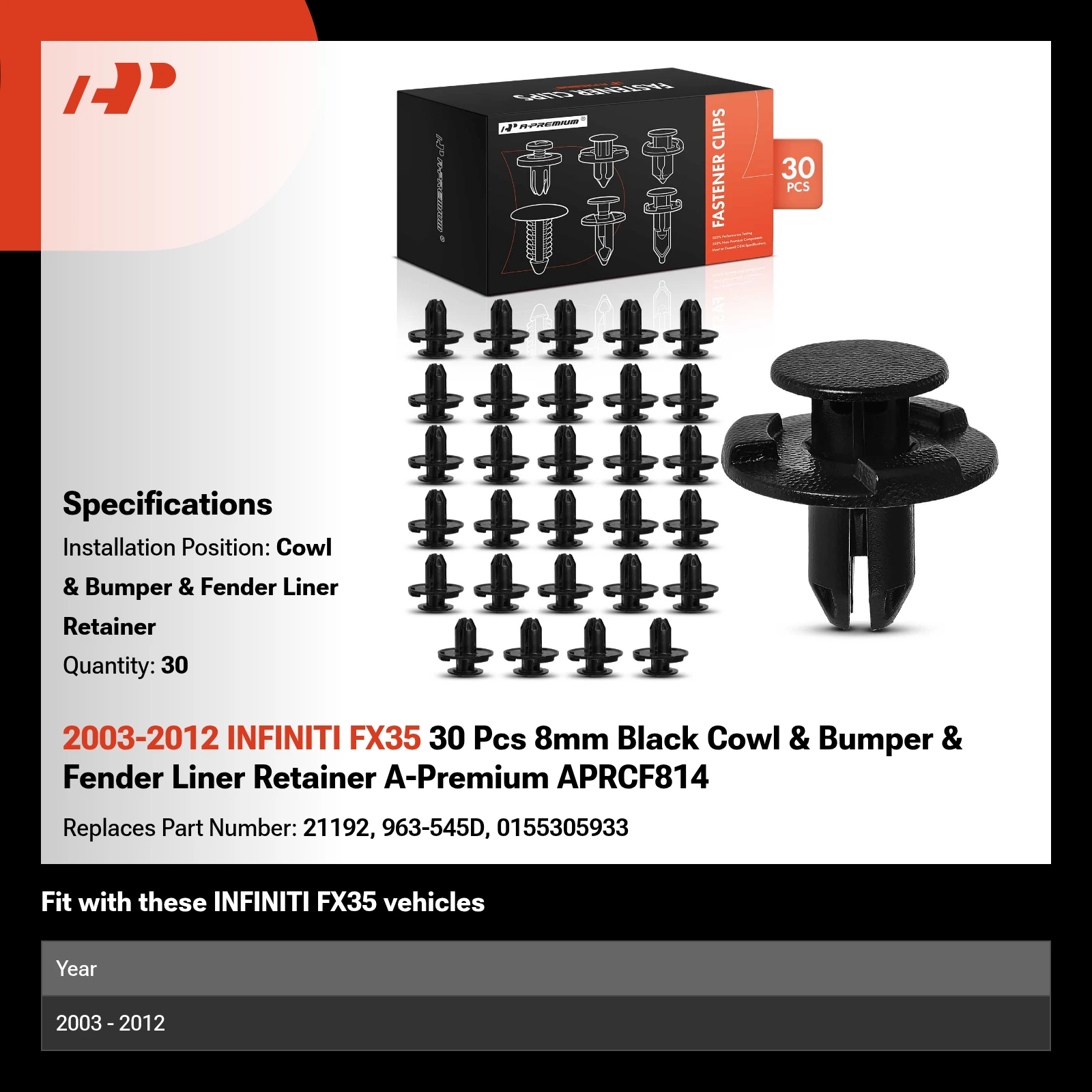 2003-2012 INFINITI FX35 30 Pcs 8mm Black Cowl & Bumper & Fender Liner Retainer A-Premium APRCF814