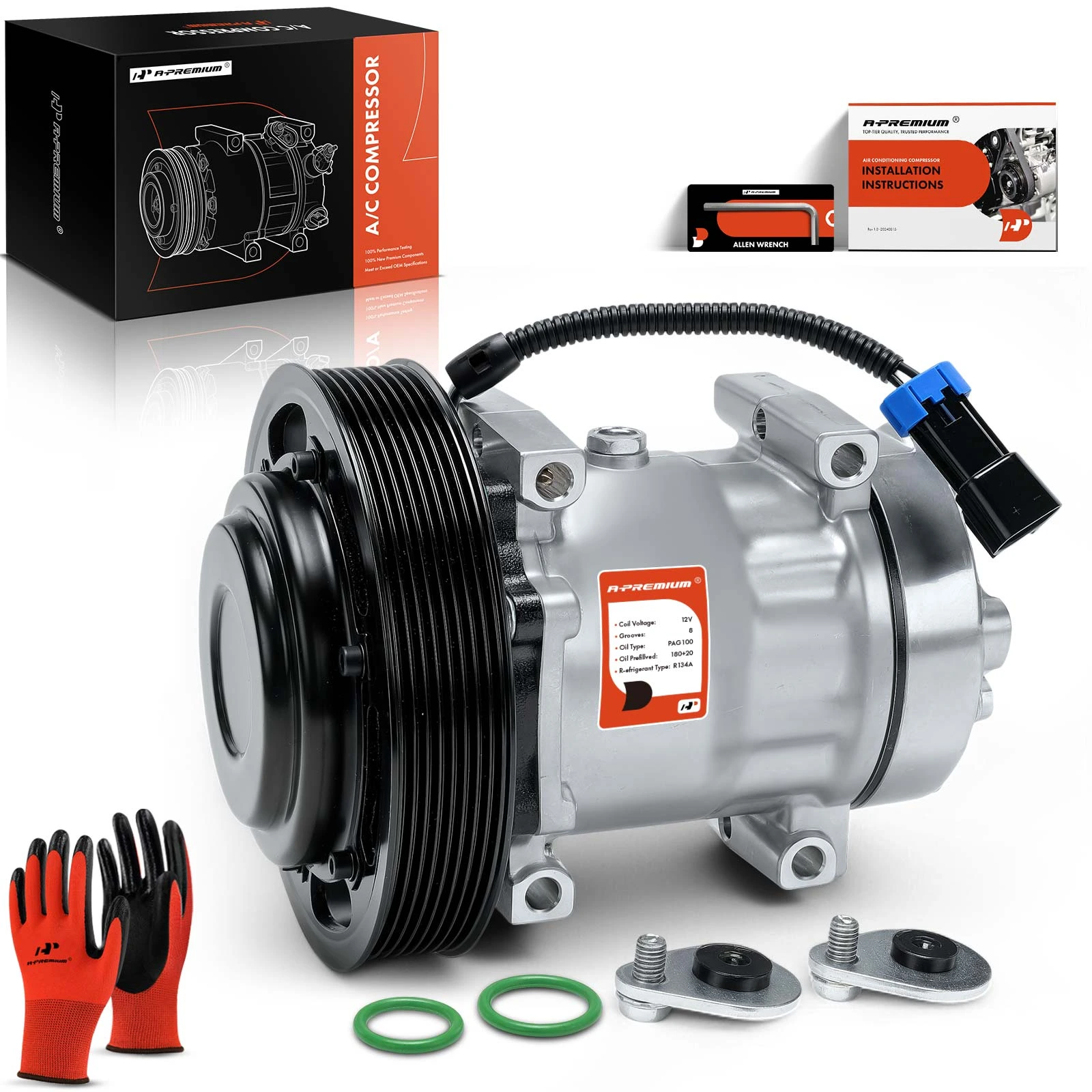 2008-2015 Mack MRU AC Compressor with Clutch with 8-Groove Pulley A-Premium APACC698