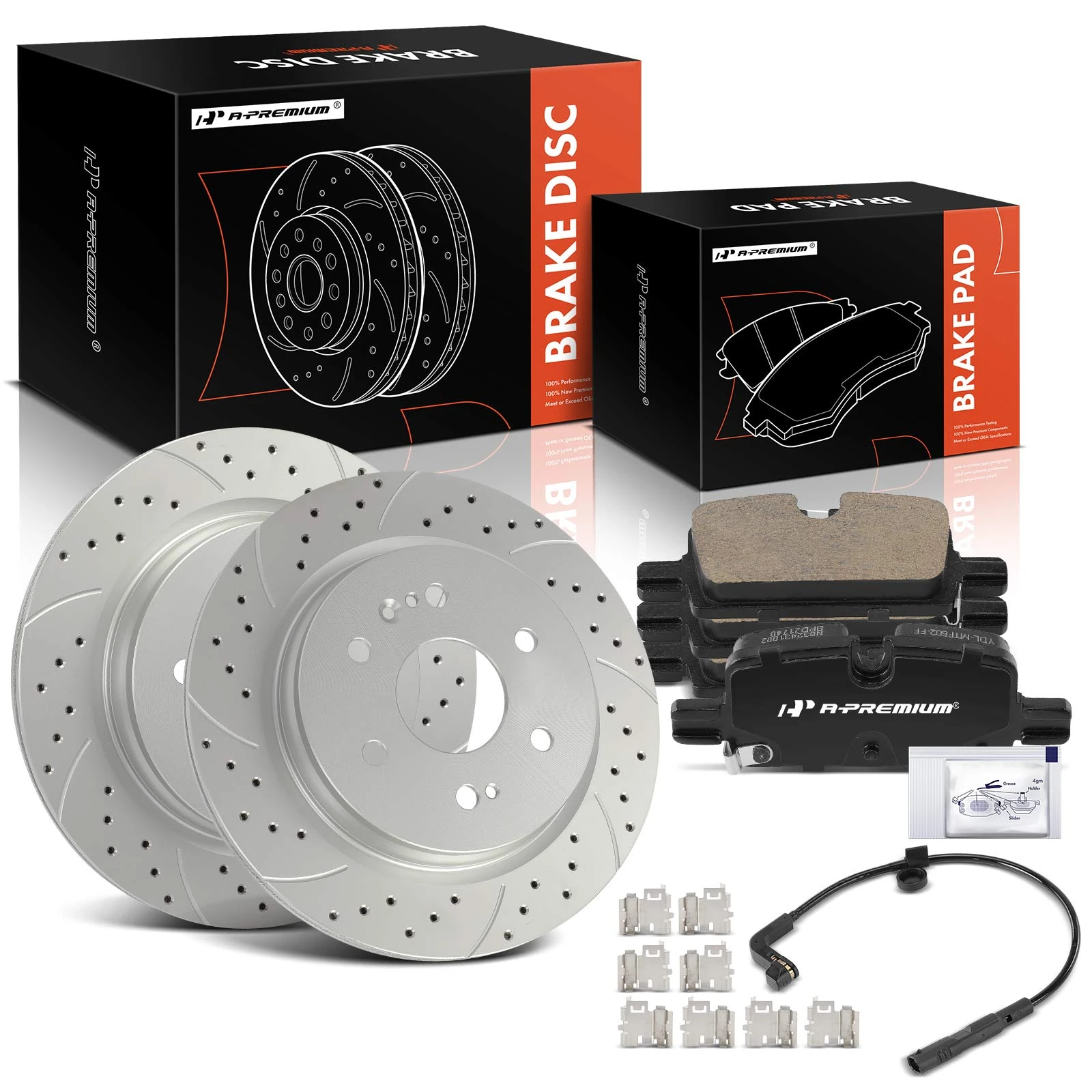 2021-2022 Cadillac Escalade ESV Drilled & Slotted Disc Brake Rotors and Ceramic Pads Kit, 6 Pcs, Rear Driver & Passenger, A-Premium, APBRPS1503