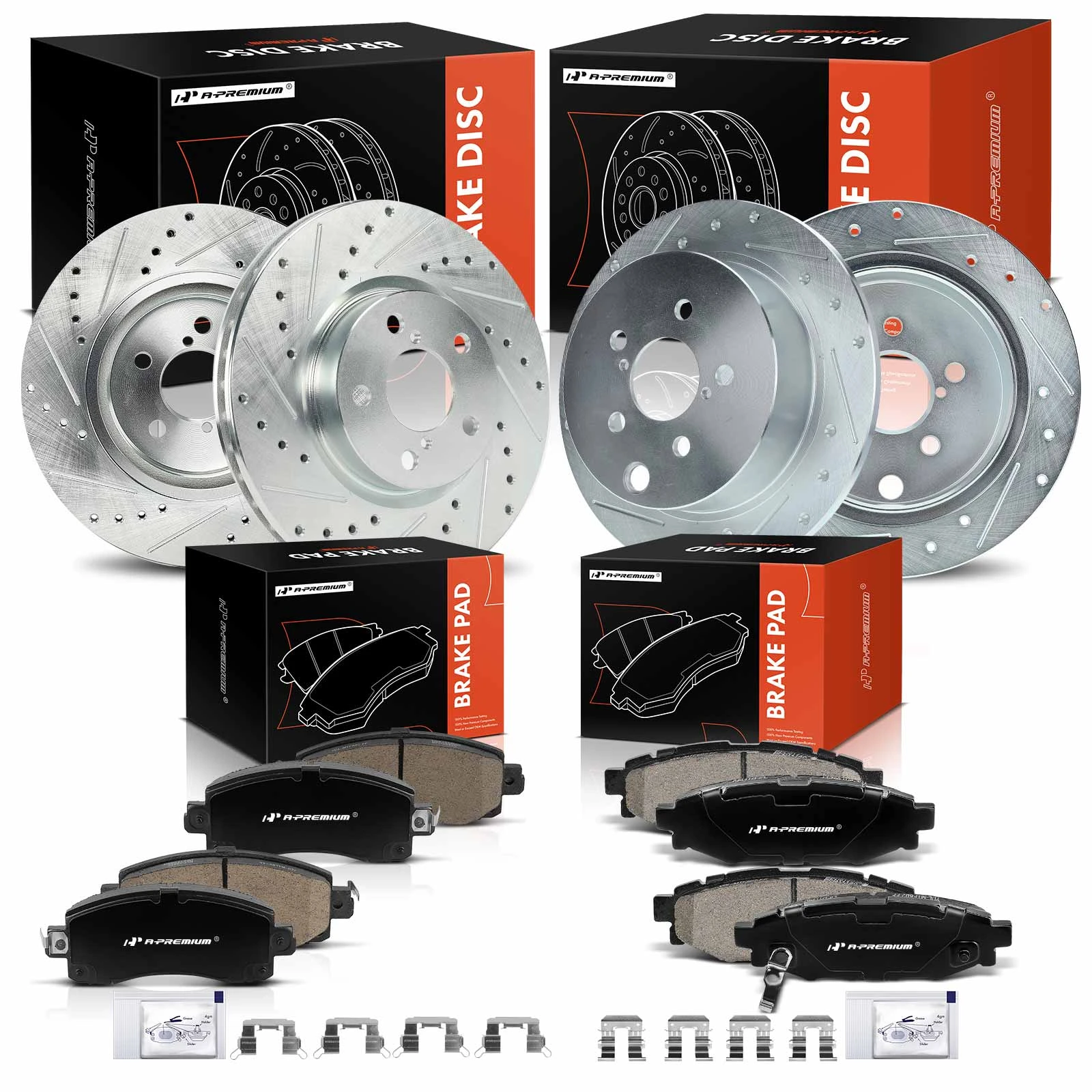 Drilled & Slotted Disc Brake Rotors and Ceramic Pads Kit, 12 Pcs, Front & Rear, A-Premium, APBRPS1532