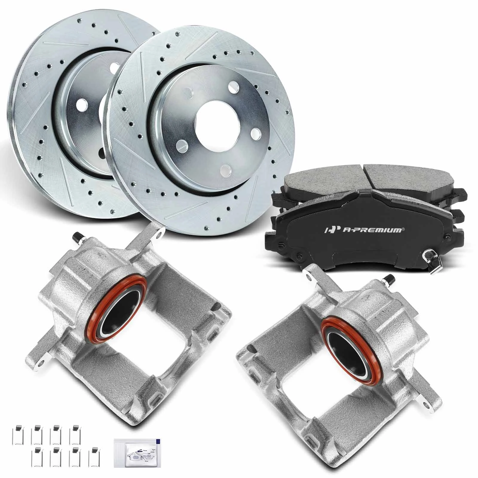 2018 Jeep Wrangler JK Drilled & Slotted Disc Brake Rotors and Ceramic Pads Kit with Calipers, 8 Pcs, Front Driver & Passenger, A-Premium, APBRPS486