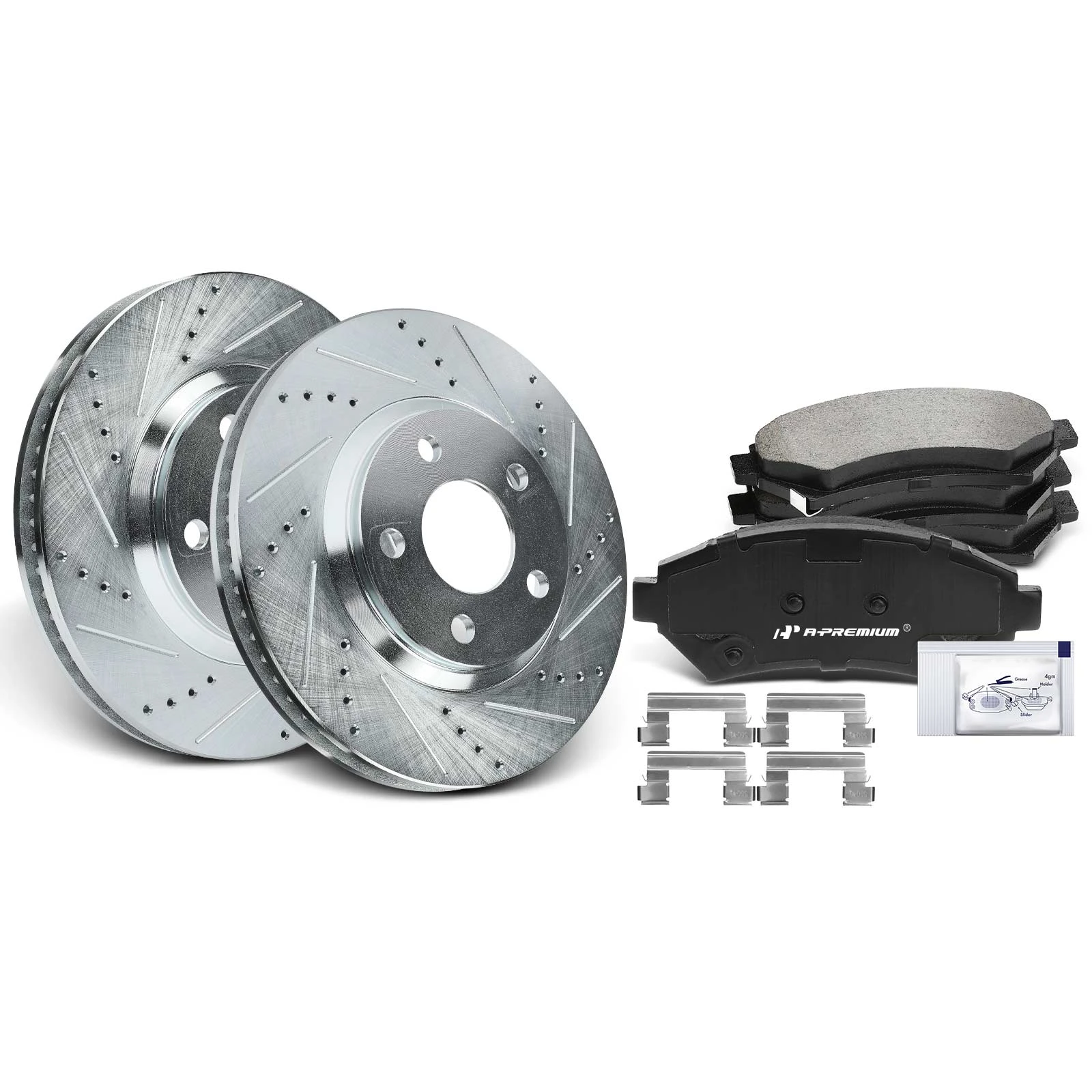 1998-1999 Oldsmobile Intrigue Drilled & Slotted Disc Brake Rotors and Ceramic Pads Kit, 6 Pcs, Front Driver & Passenger, A-Premium, APBRPS1029