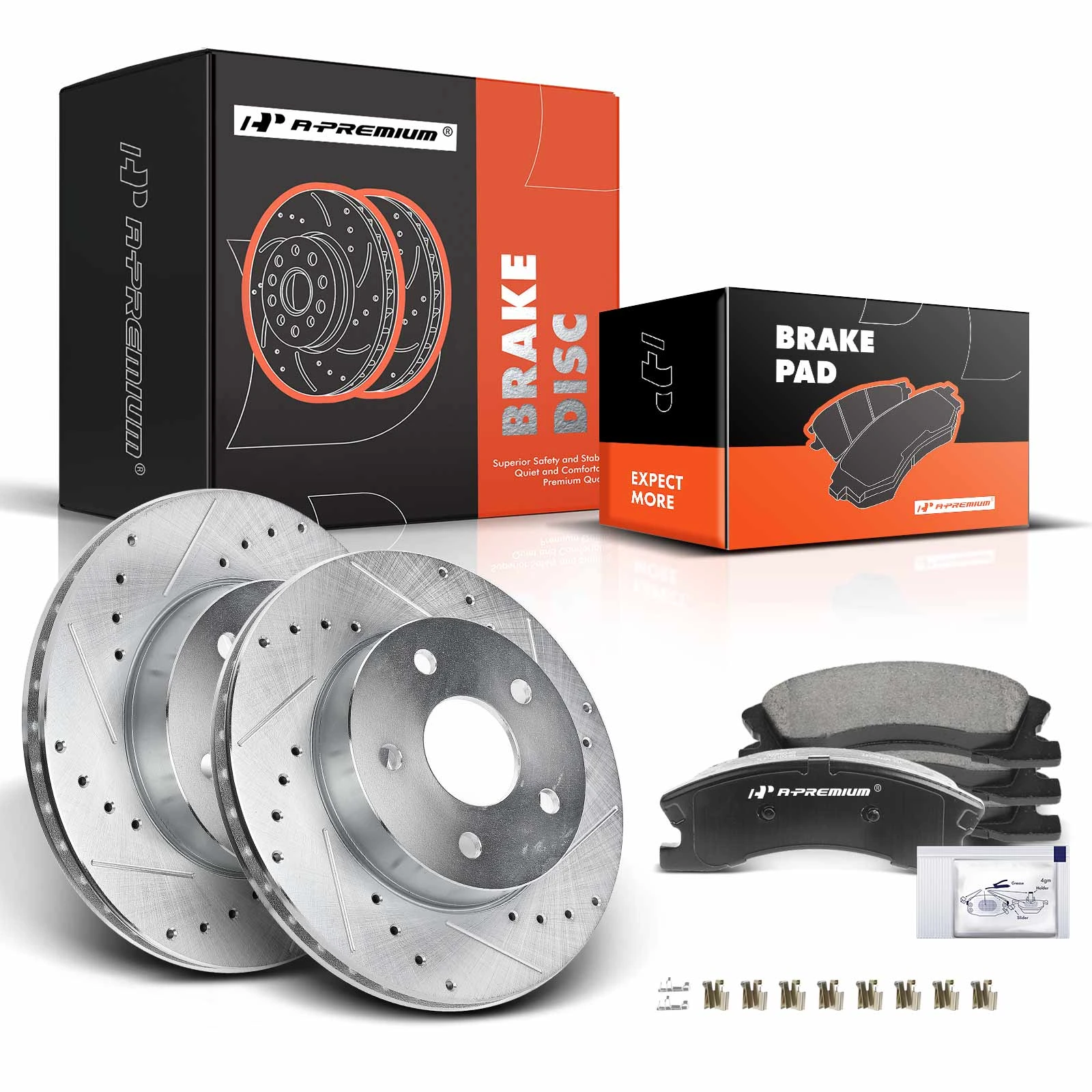 1999-2004 Jeep Grand Cherokee Drilled & Slotted Disc Brake Rotors and Ceramic Pads Kit, 6 Pcs, Front Driver & Passenger, A-Premium, APBRPS111