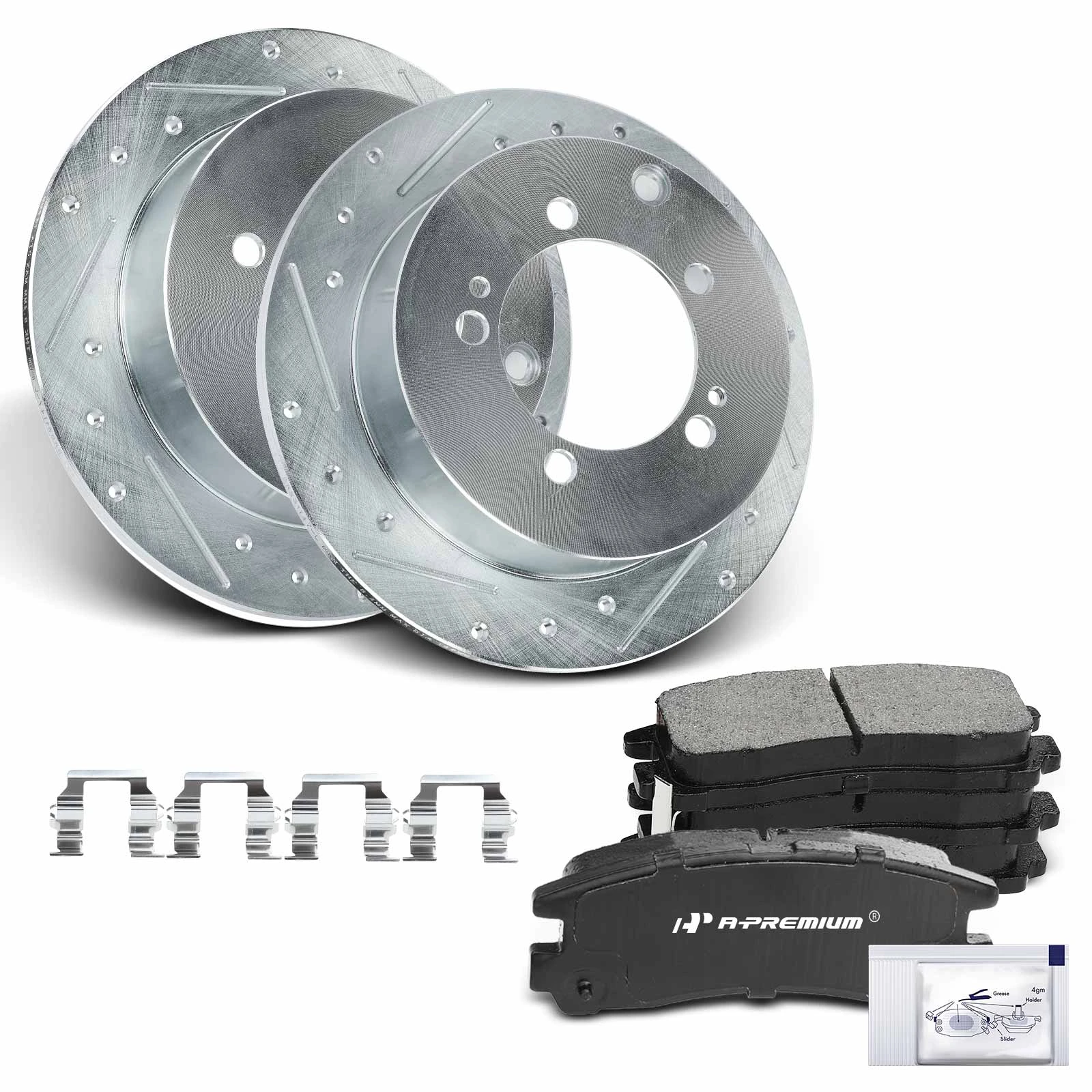 1995-2005 Chrysler Sebring Drilled & Slotted Disc Brake Rotors and Ceramic Pads Kit, 6 Pcs, Rear Driver & Passenger, A-Premium, APBRPS616