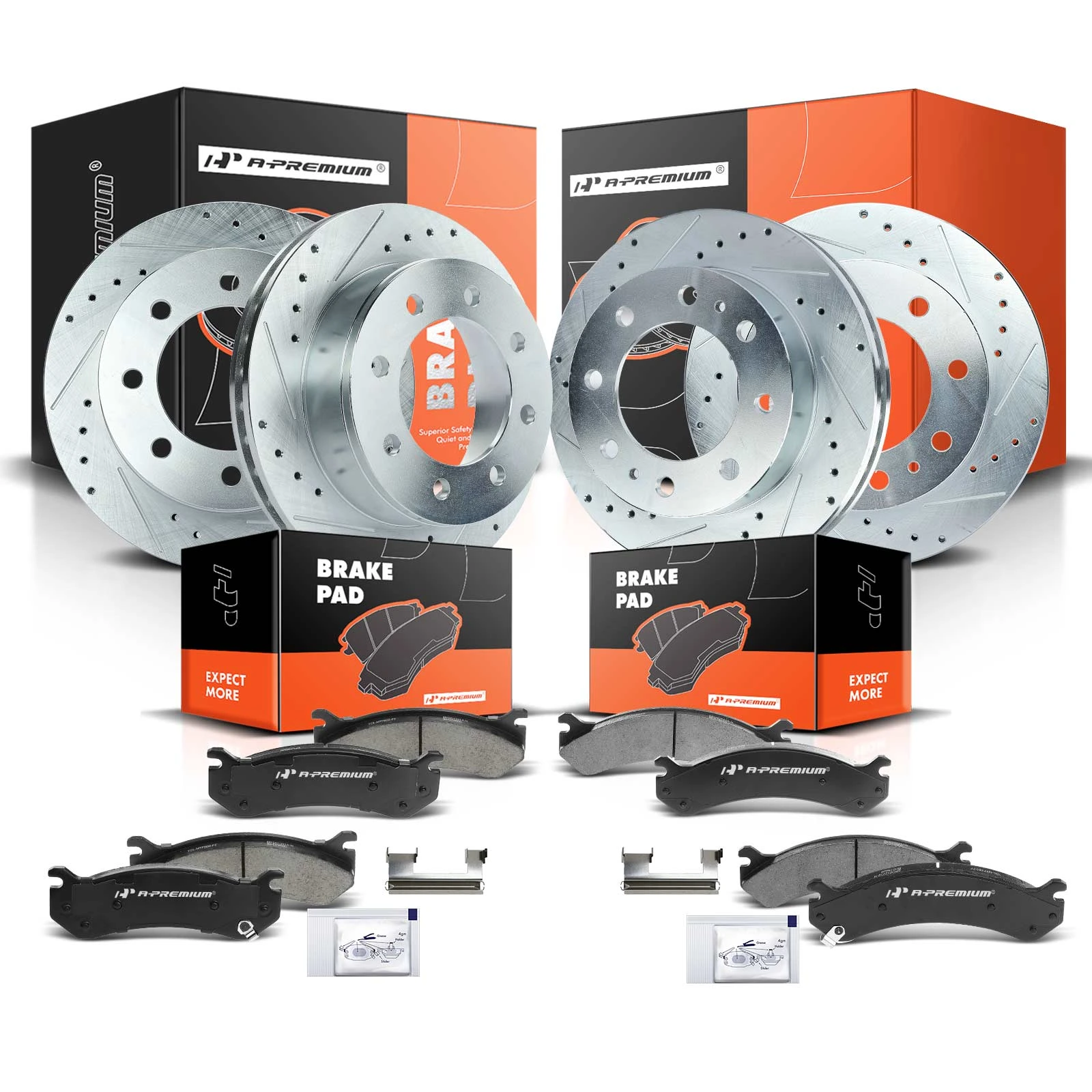2003-2006 2008-2013 GMC Yukon XL 2500 Drilled & Slotted Disc Brake Rotors and Ceramic Pads Kit, 12 Pcs, Front & Rear, A-Premium, APBRPS134