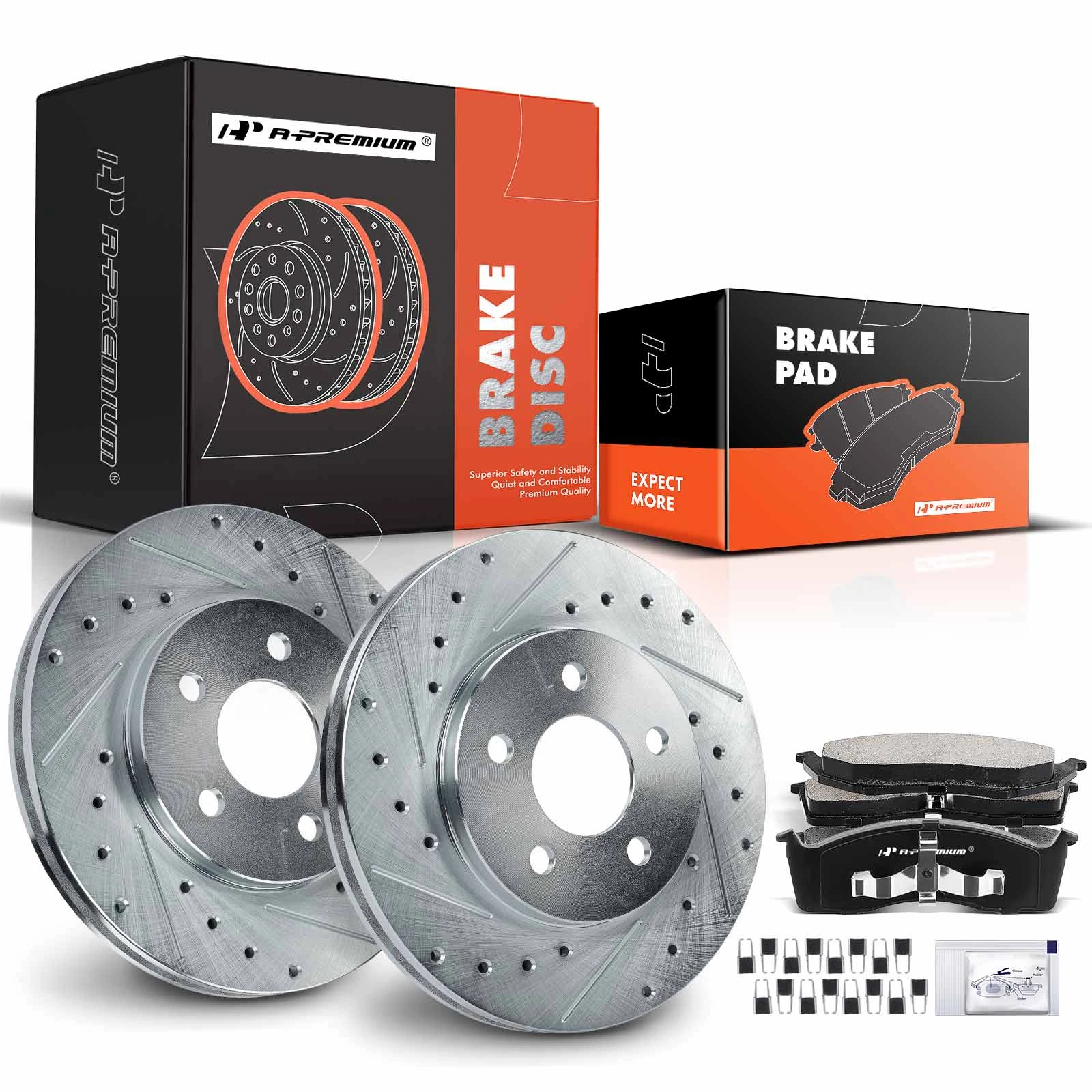1996-2000 Chrysler Town & Country Drilled & Slotted Disc Brake Rotors and Ceramic Pads Kit, 6 Pcs, Front Driver & Passenger, A-Premium, APBRPS652