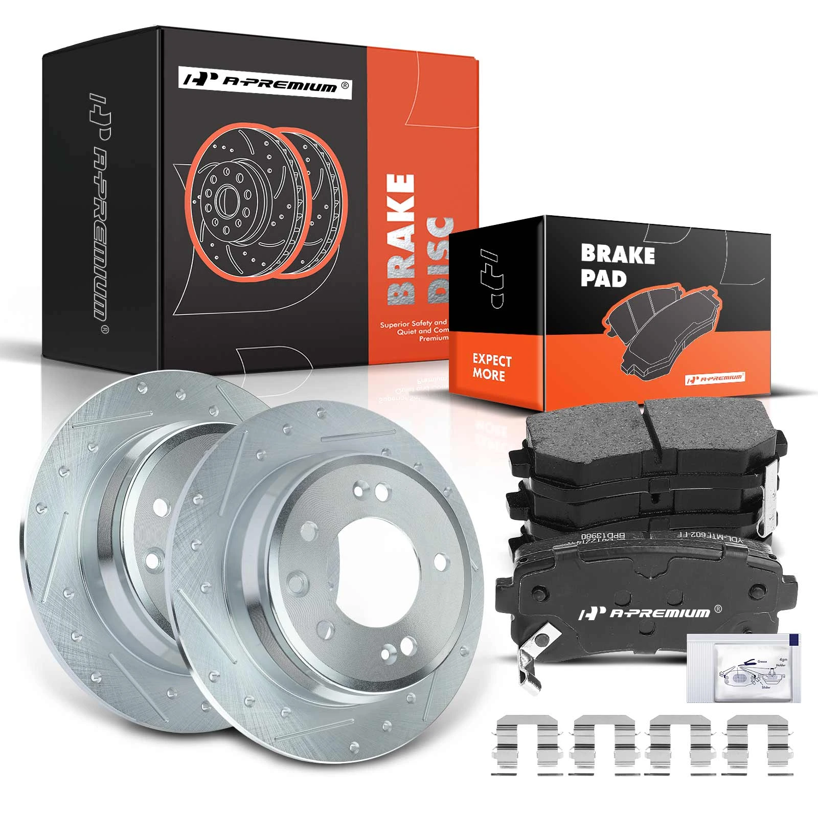 2011-2016 Kia Sportage Drilled & Slotted Disc Brake Rotors and Ceramic Pads Kit, 6 Pcs, Rear Driver & Passenger, A-Premium, APBRPS067