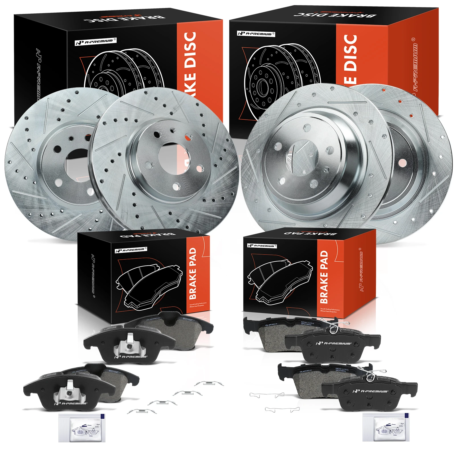 2013-2016 Lincoln MKZ Drilled & Slotted Disc Brake Rotors and Ceramic Pads Kit, 12 Pcs, Front & Rear, A-Premium, APBRPS468