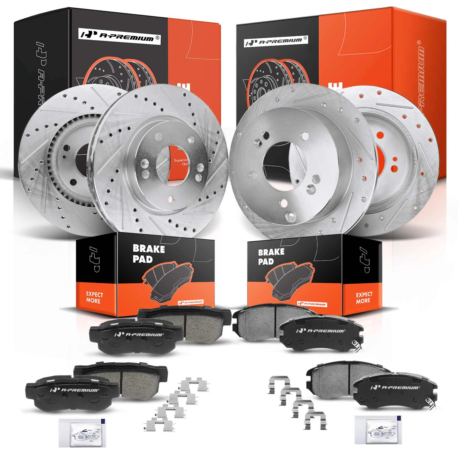 2006-2010 Kia Optima Drilled & Slotted Disc Brake Rotors and Ceramic Pads Kit, 12 Pcs, Front & Rear, A-Premium, APBRPS208
