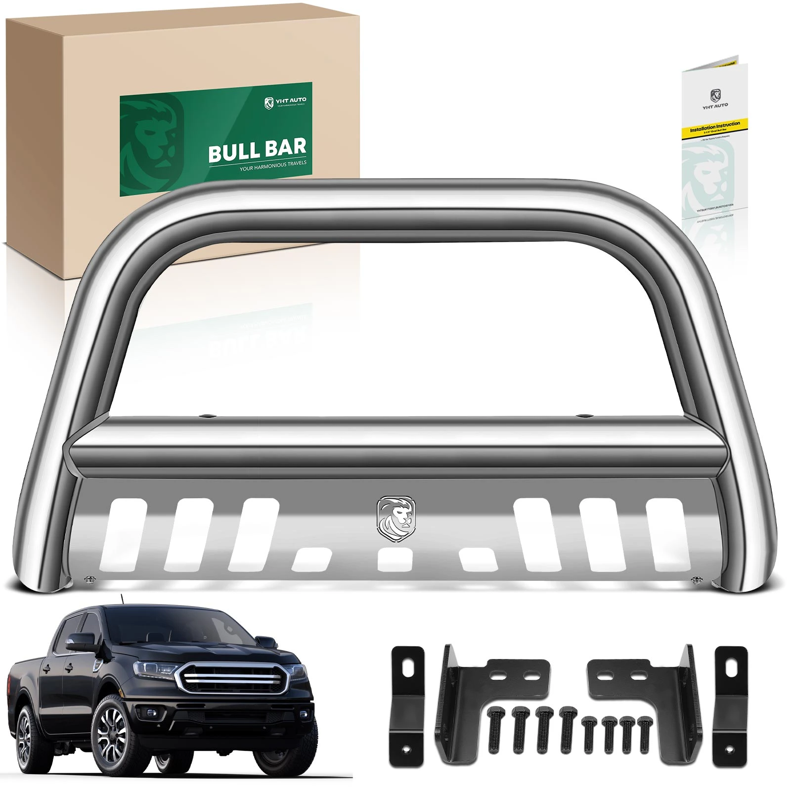 3 Inch Silver S/S 304 Oval Bull Bar Front Bumper Grille Guard with Skid Plate for 2019-2023 Ford Ranger