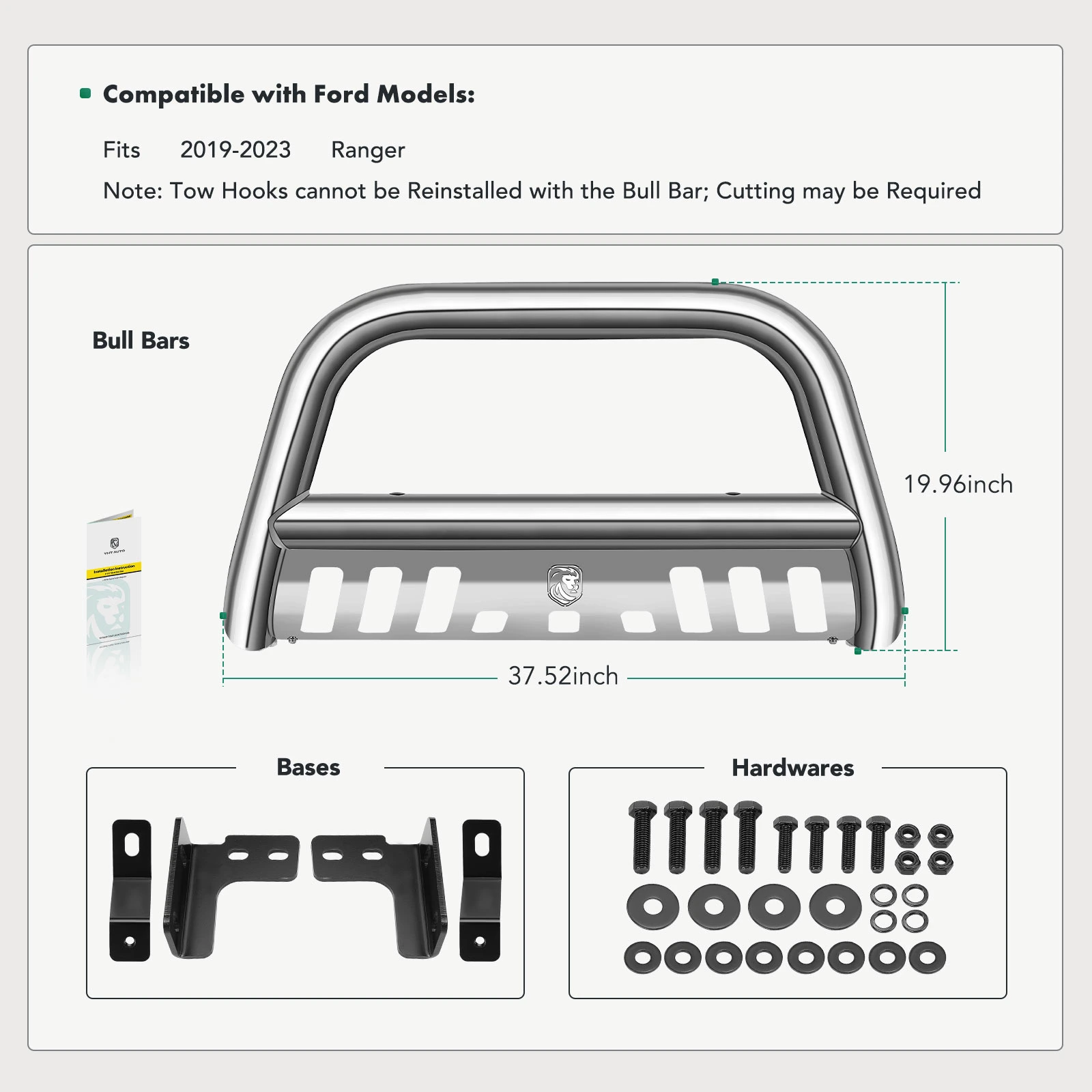 3 Inch Silver S/S 304 Oval Bull Bar Front Bumper Grille Guard with Skid Plate for 2019-2023 Ford Ranger