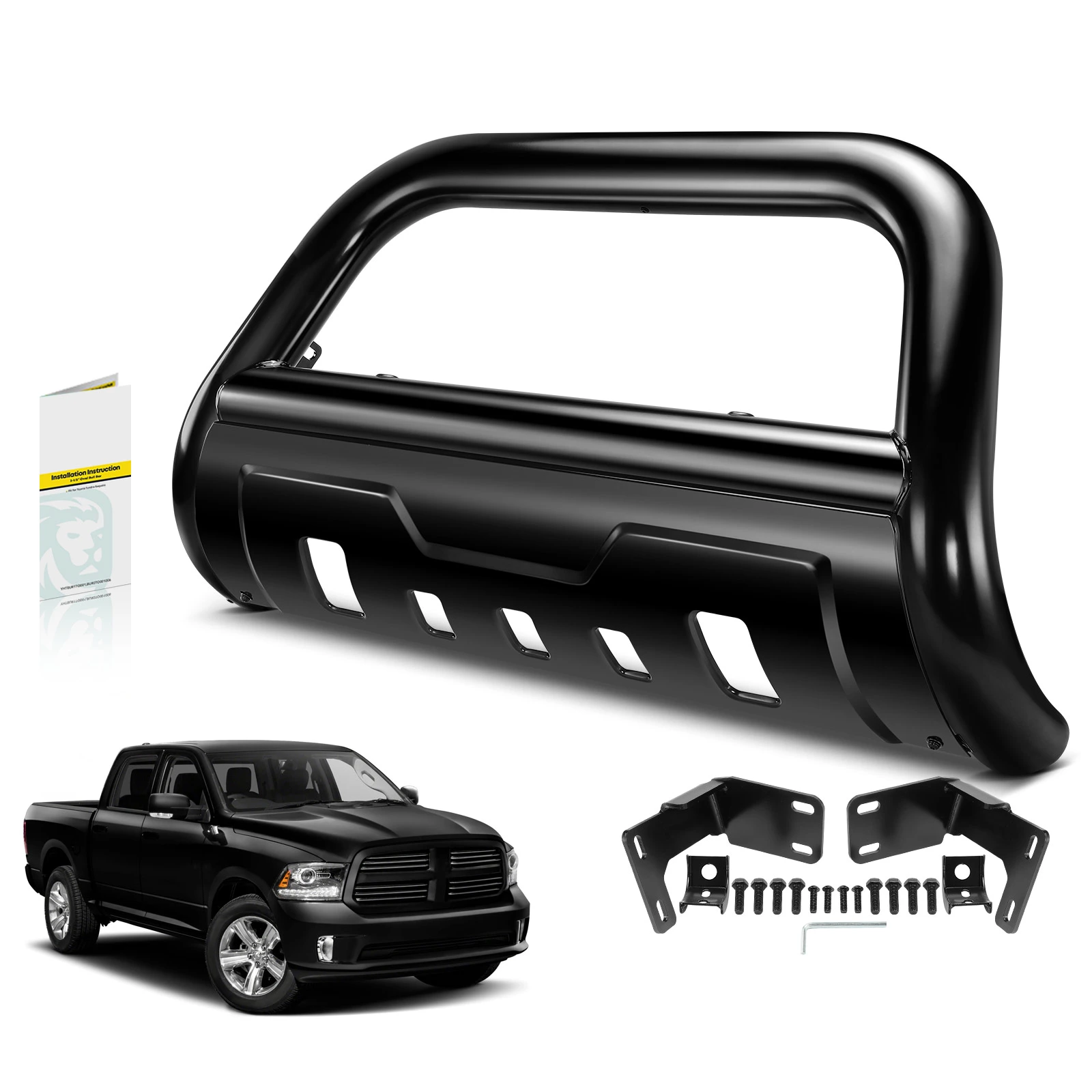 3.5 Inch Black Carbon Steel Bull Bar Front Bumper Grille Guard with Formed Skid Plate