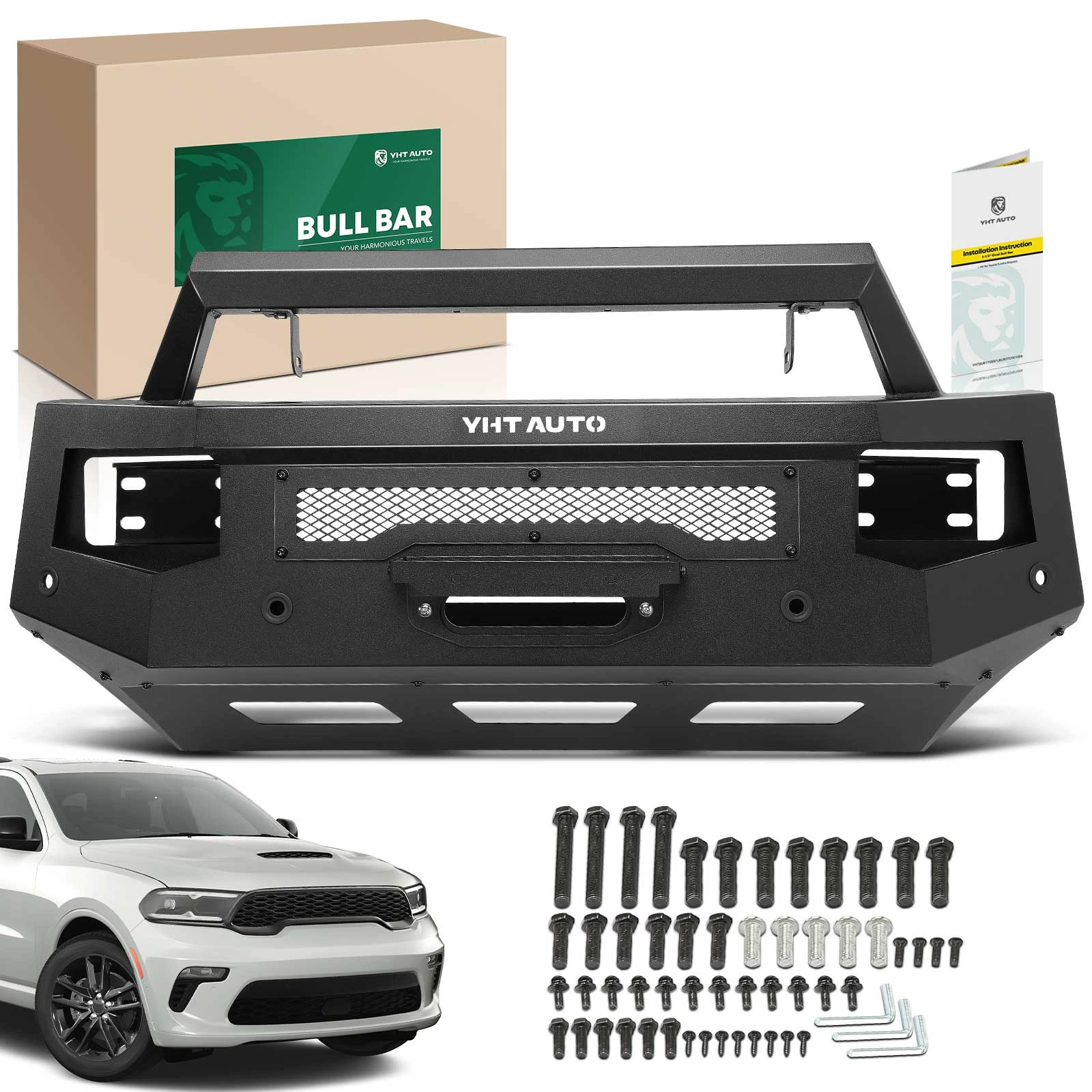 Textured Black Carbon Steel Bull Bar Front Bumper Grille Guard with winch frame