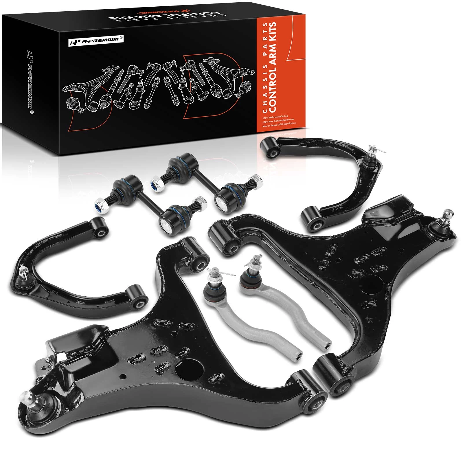 8 Pcs Front Lower & Upper Control Arm Sway Bar Tie Rod End