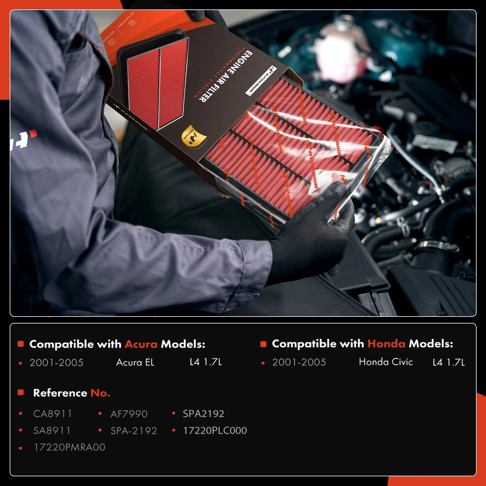 2 Pcs High Performance Engine Air Filter for Honda Civic Acura EL 2001-2005 L4 1.7L