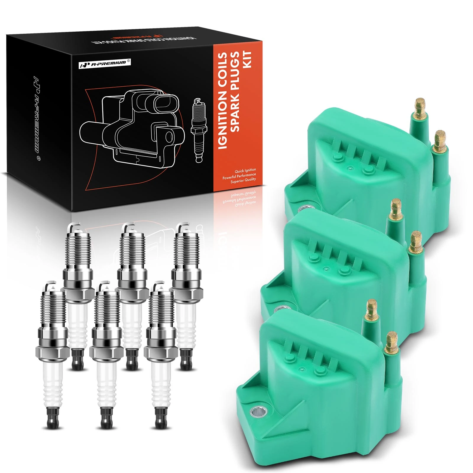 3 Pcs Green Ignition Coil & 6 Pcs IRIDIUM Spark Plug Kit