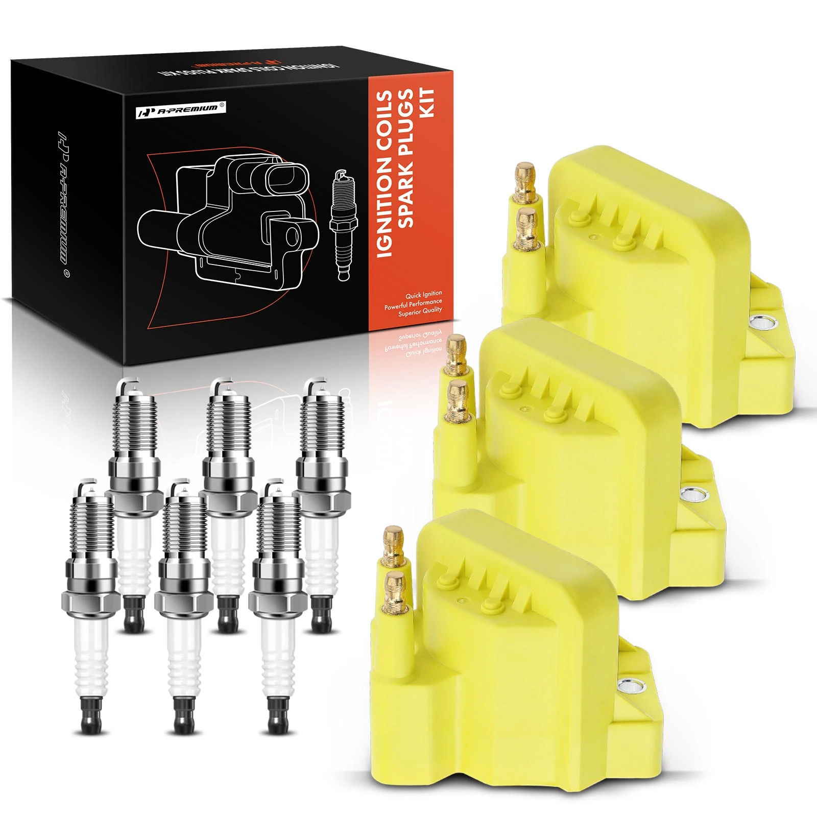 3 Pcs Yellow Ignition Coil & 6 Pcs IRIDIUM Spark Plug Kit