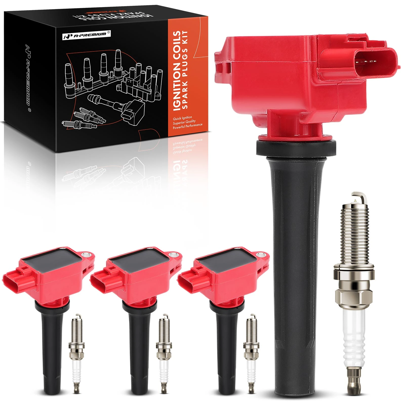 4 Pcs Red Ignition Coil & 4 Pcs Iridium Spark Plug Kit