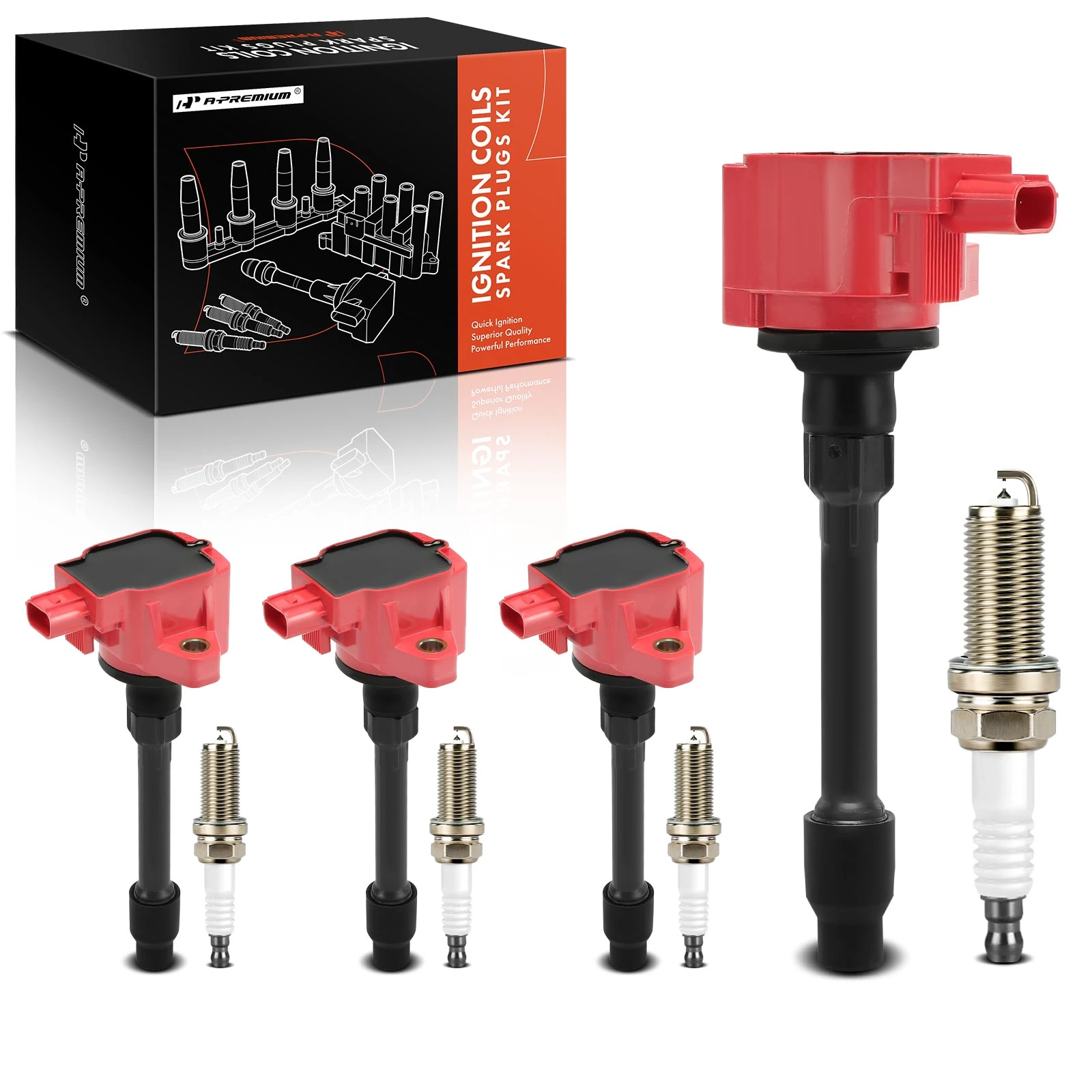 4Pcs Red Ignition Coil & 4Pcs Double iridium Spark Plug Kit
