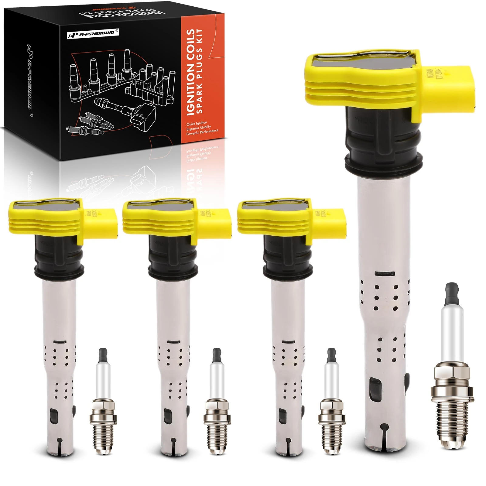 4 Pcs Yellow Ignition Coils & 4 Pcs Iridium Spark Plugs Kit