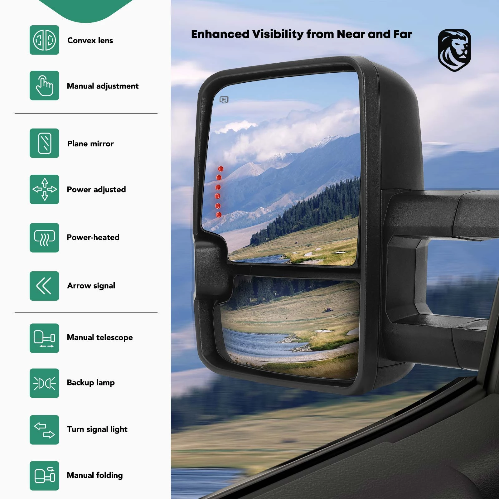 1992-1999 GMC K2500 Suburban Driver & Passenger Towing Mirror Assembly, with Heating, Power Adjustment, Manual Folding, Textured Black YHT Auto YHTMI0015