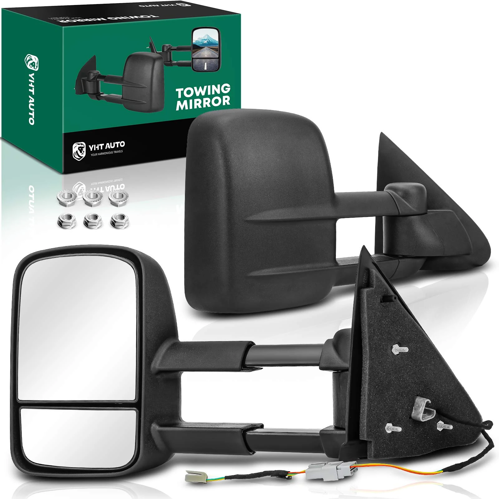 2 Pcs Textured Black Powered Towing Mirror Assembly