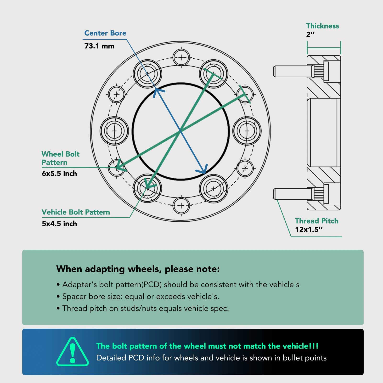 2 Pcs 5x4.5" to 6x5.5" Wheel Adapter 12x1.5" 73.1mm 2" for 1997-1999 2001-2003 Acura CL
