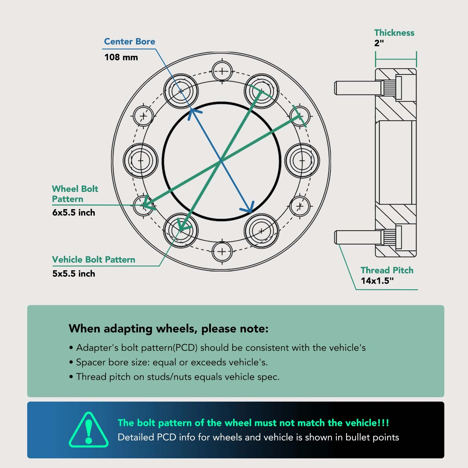 4 Pcs 5x5.5 to 6x5.5 Wheel Adapter M14x1.5 108mm 2 inch for Dodge Durango Dakota Ford