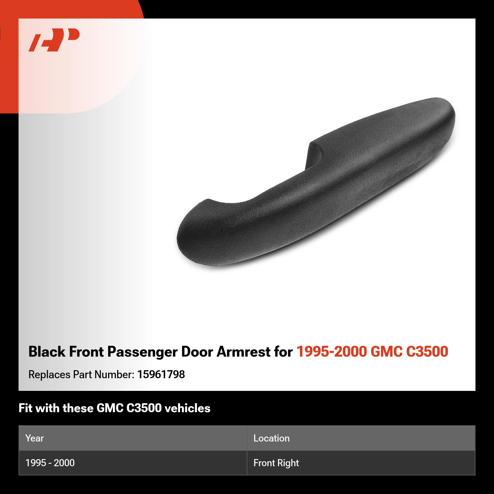 Black Front Passenger Door Armrest for 1995-2000 GMC C3500