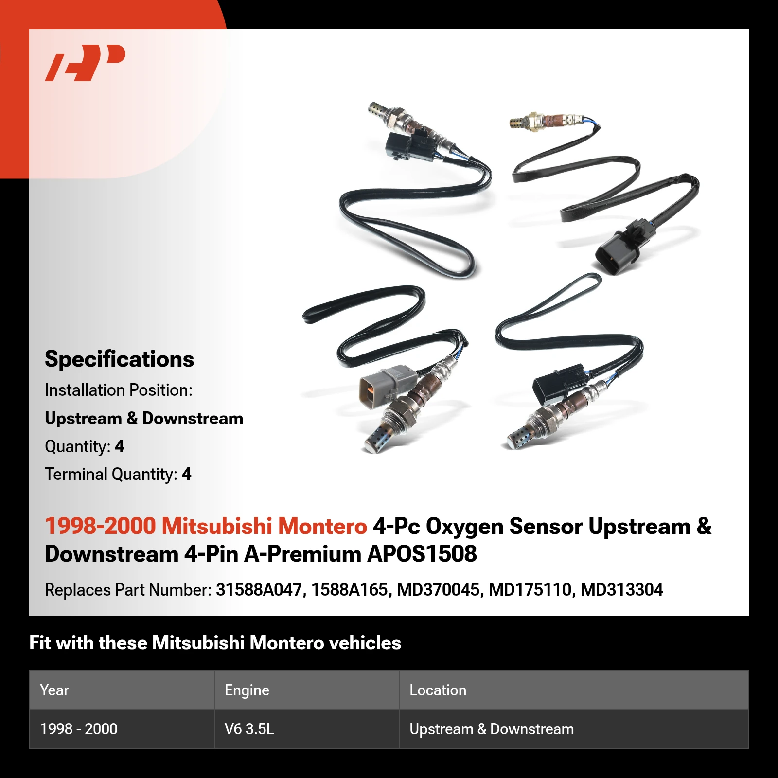 1998-2000 Mitsubishi Montero 4-Pc Oxygen Sensor Upstream & Downstream 4-Pin A-Premium APOS1508