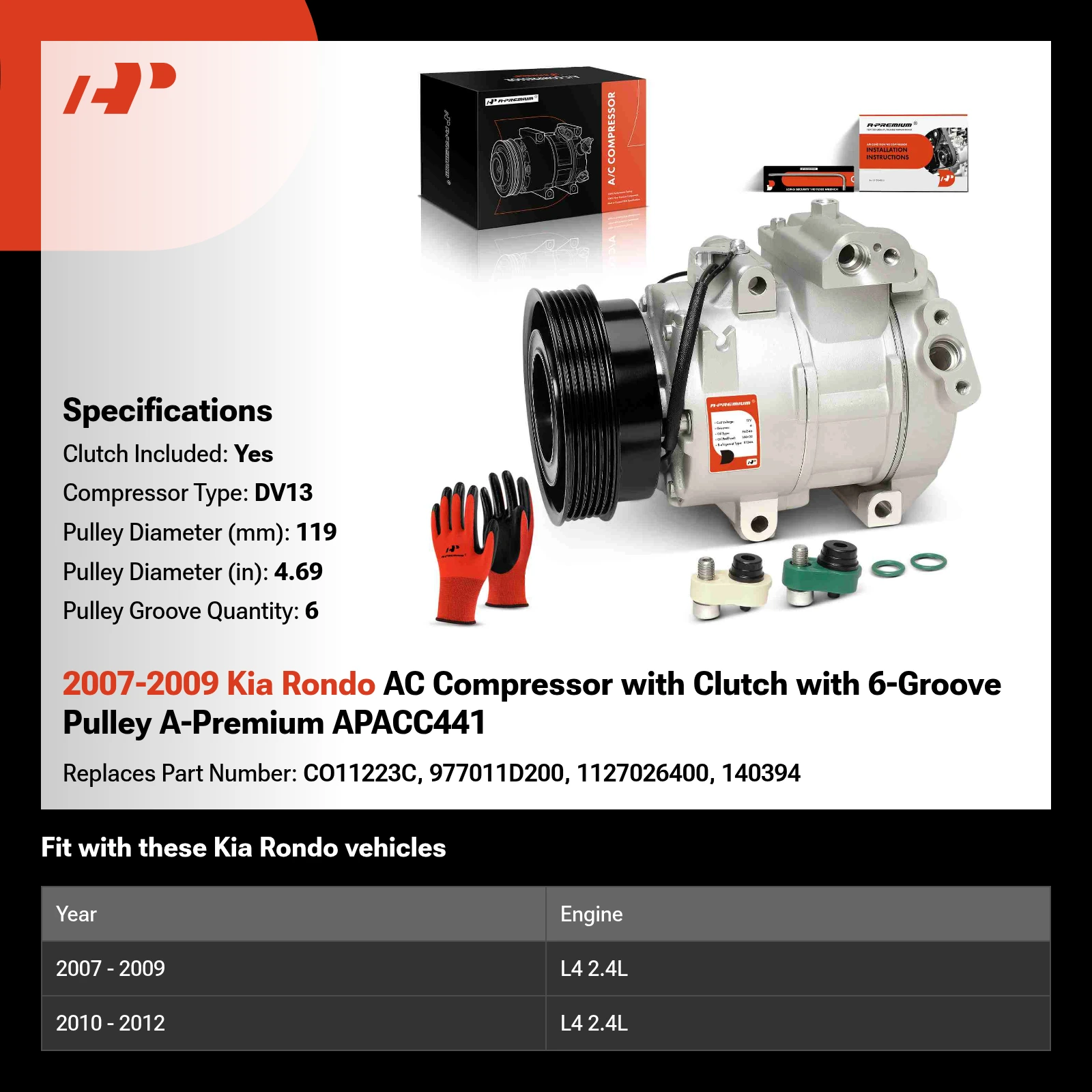 2007-2009 Kia Rondo AC Compressor with Clutch with 6-Groove Pulley A-Premium APACC441