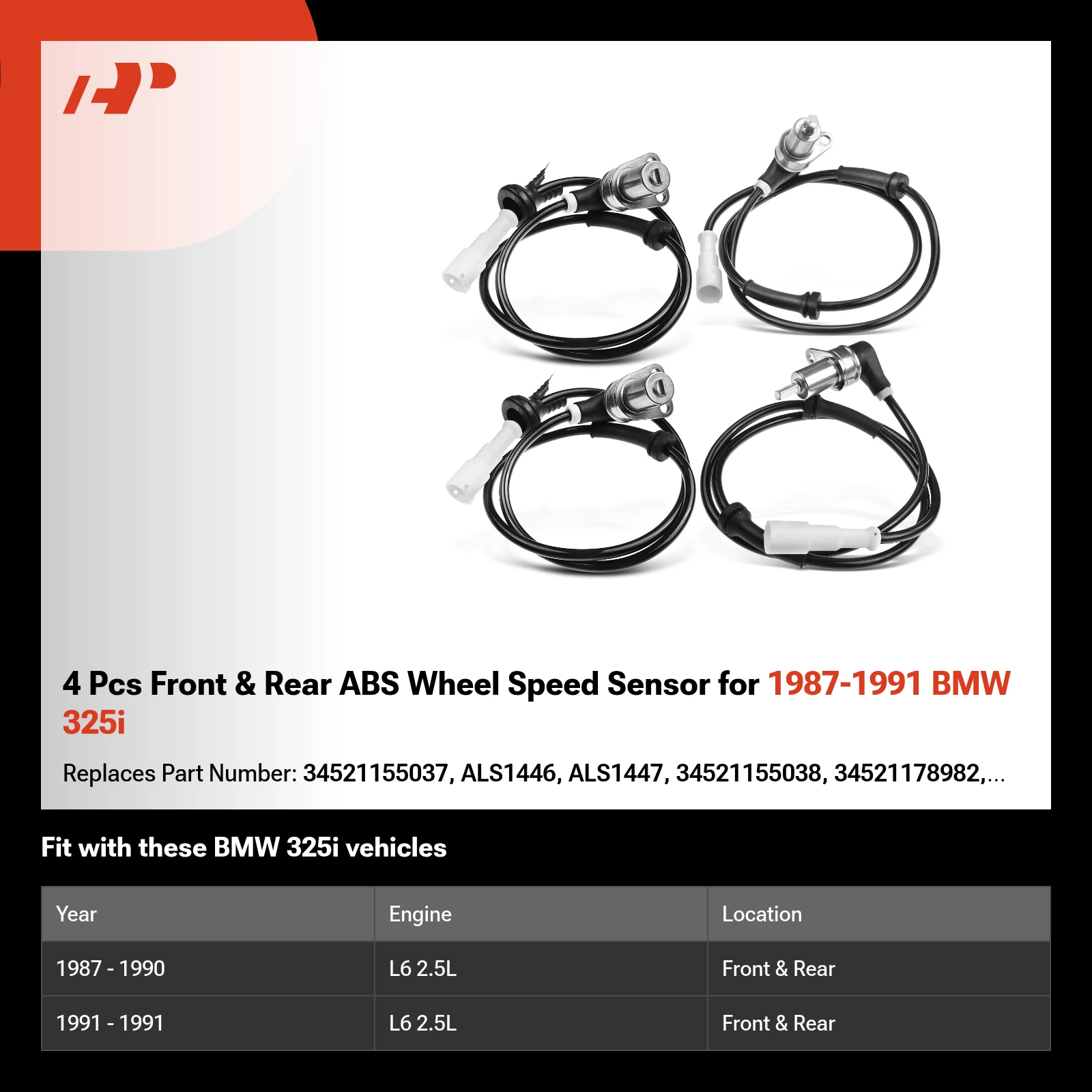 4 Pcs Front & Rear ABS Wheel Speed Sensor for 1987-1991 BMW 325i