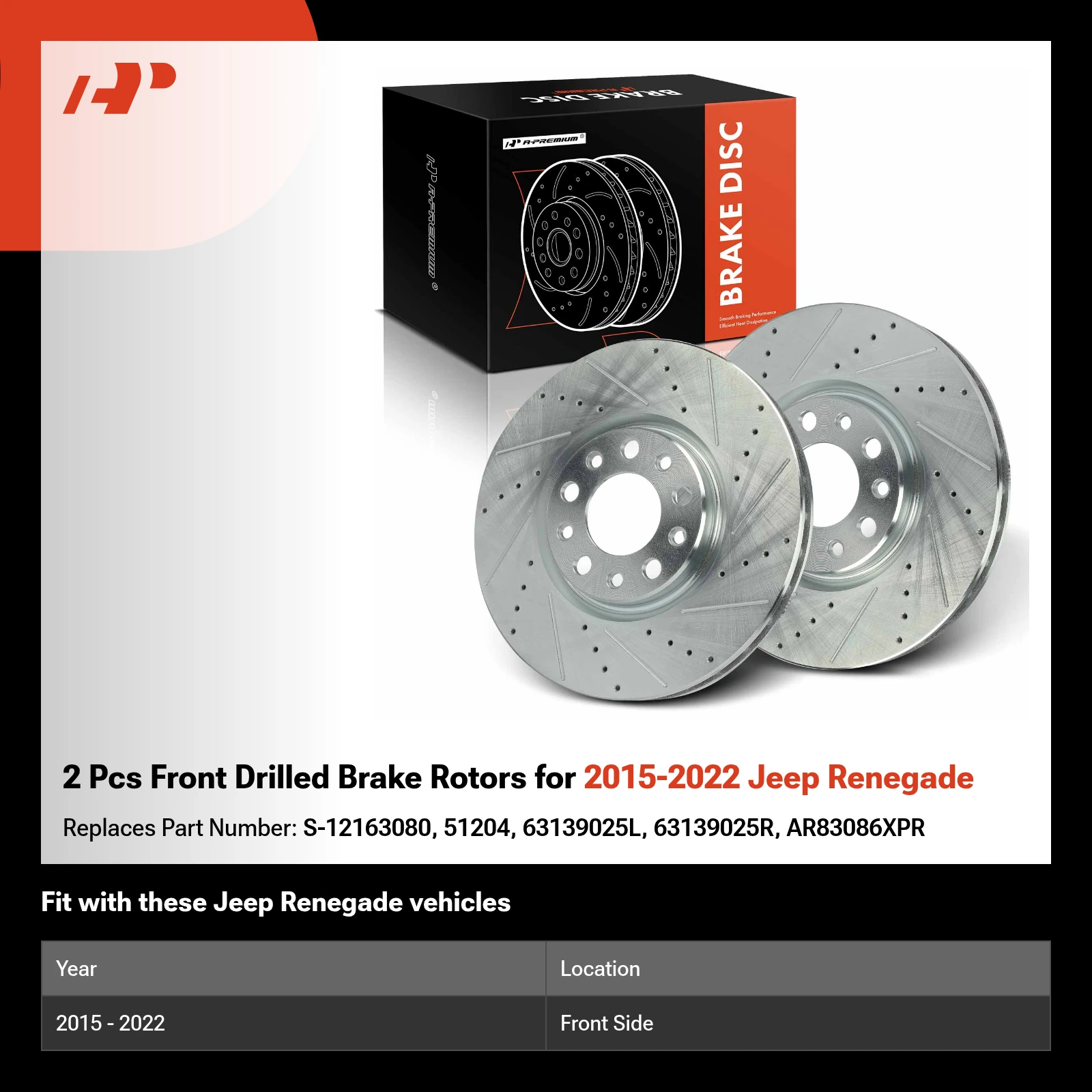 2 Pcs Front Drilled Brake Rotors for 2015-2022 Jeep Renegade
