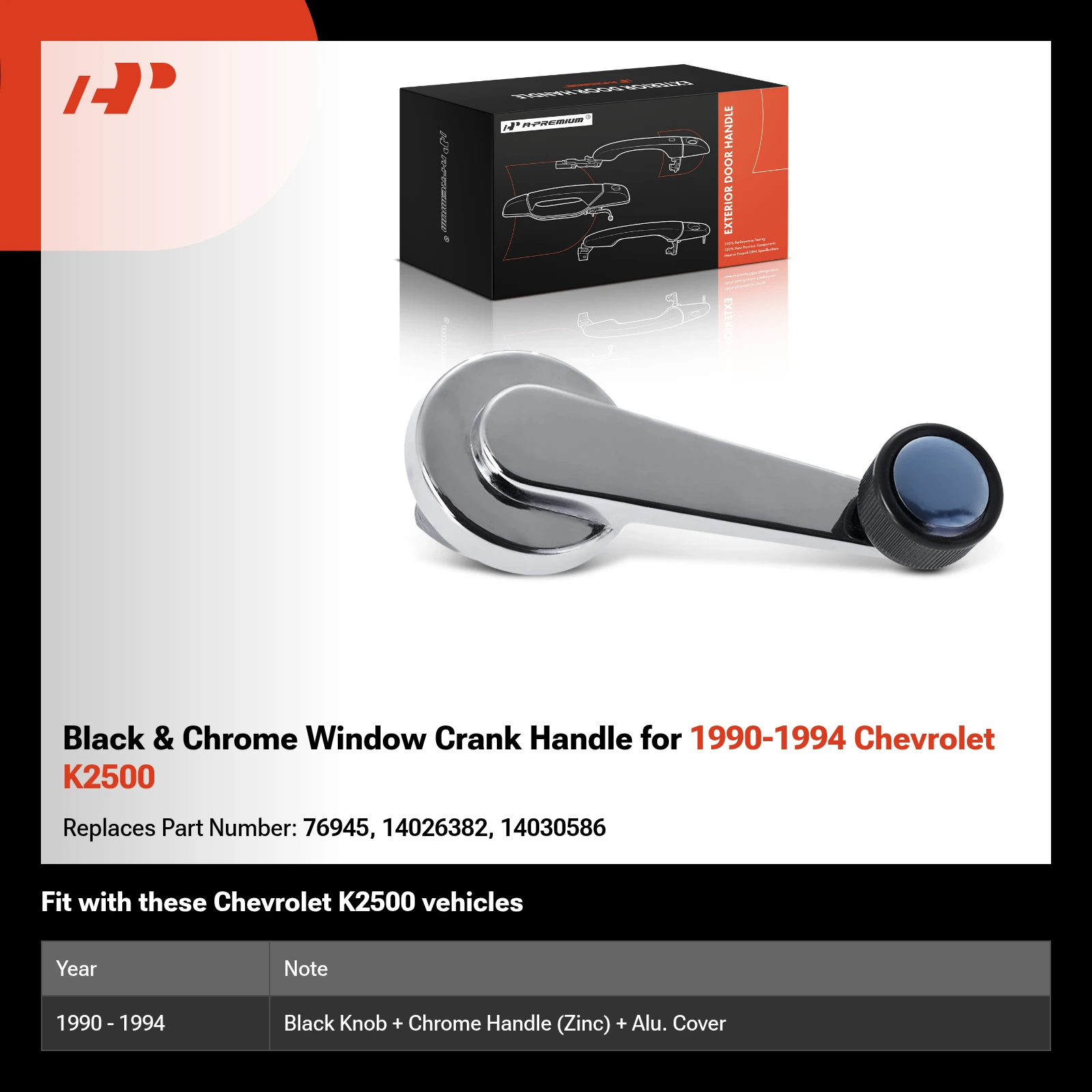 Black & Chrome Window Crank Handle for 1990-1994 Chevrolet K2500