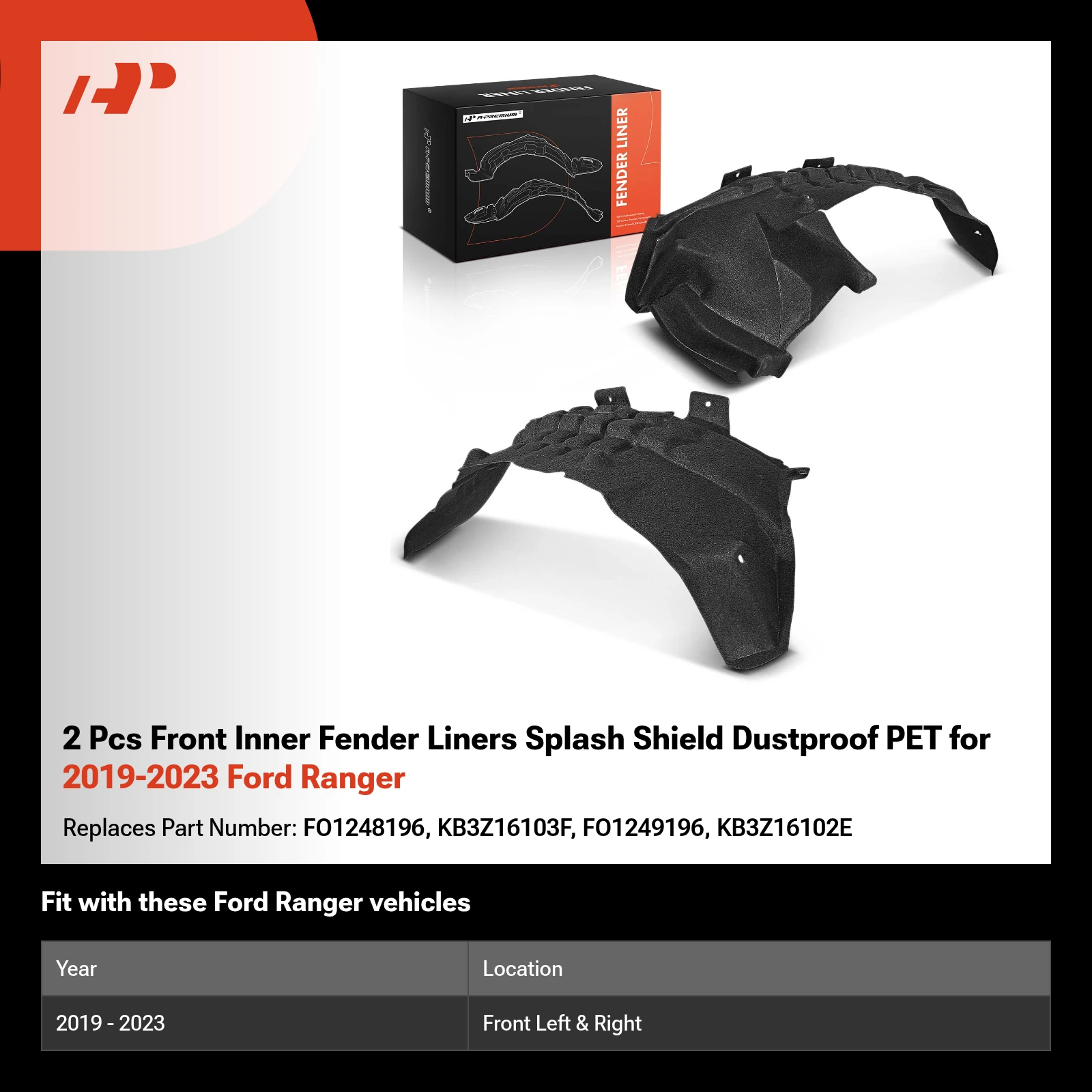 2 Pcs Front Inner Fender Liners Splash Shield Dustproof PET for 2019-2023 Ford Ranger