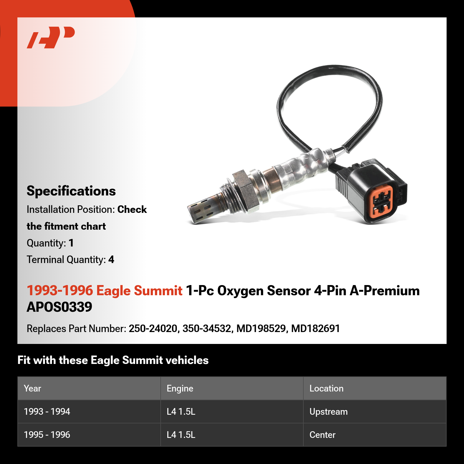 1993-1996 Eagle Summit 1-Pc Oxygen Sensor 4-Pin A-Premium APOS0339