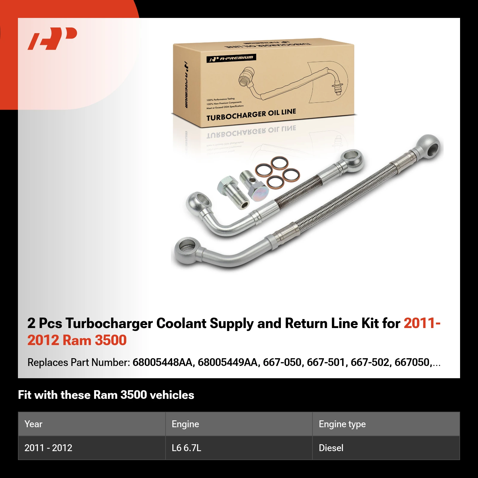 2 Pcs Turbocharger Coolant Supply and Return Line Kit for 2011-2012 Ram 3500