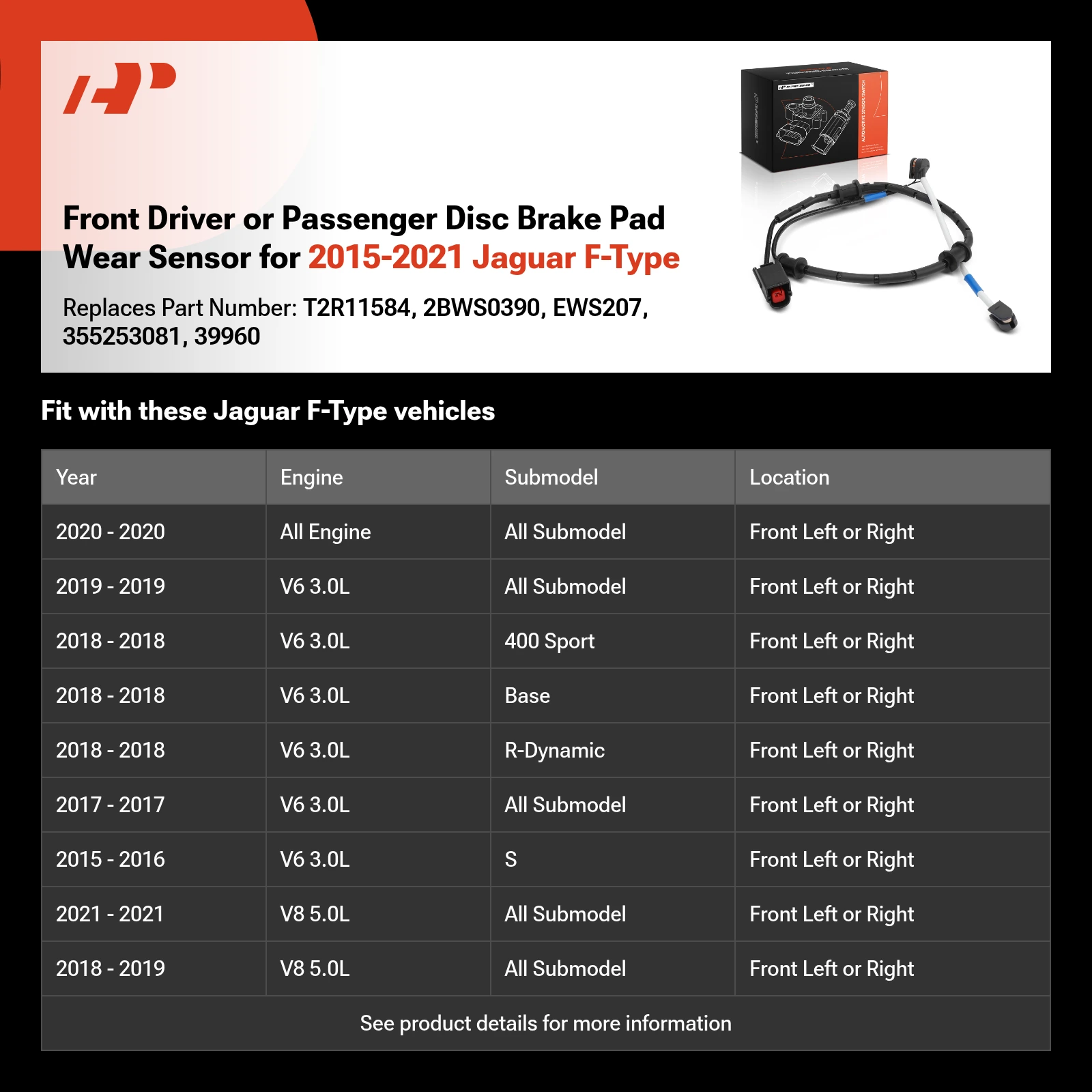 Front Driver or Passenger Disc Brake Pad Wear Sensor for 2015-2021 Jaguar F-Type