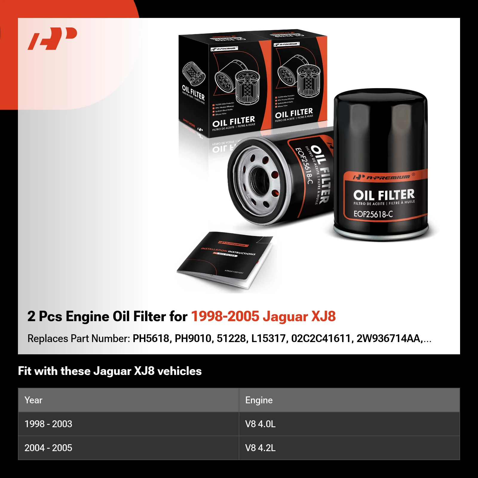 2 Pcs Engine Oil Filter for 1998-2005 Jaguar XJ8