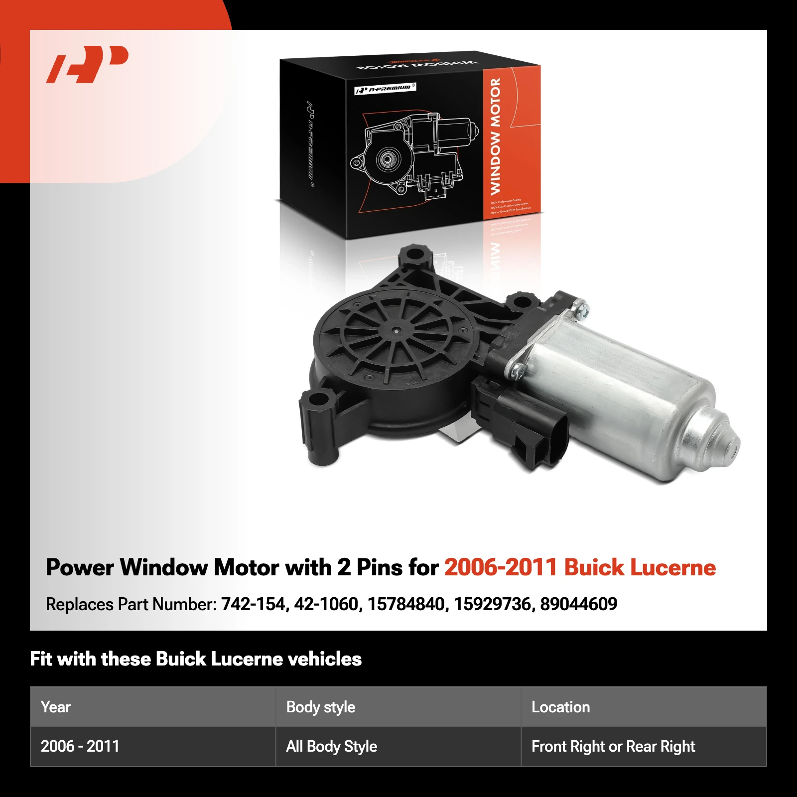 Power Window Motor with 2 Pins for 2006-2011 Buick Lucerne